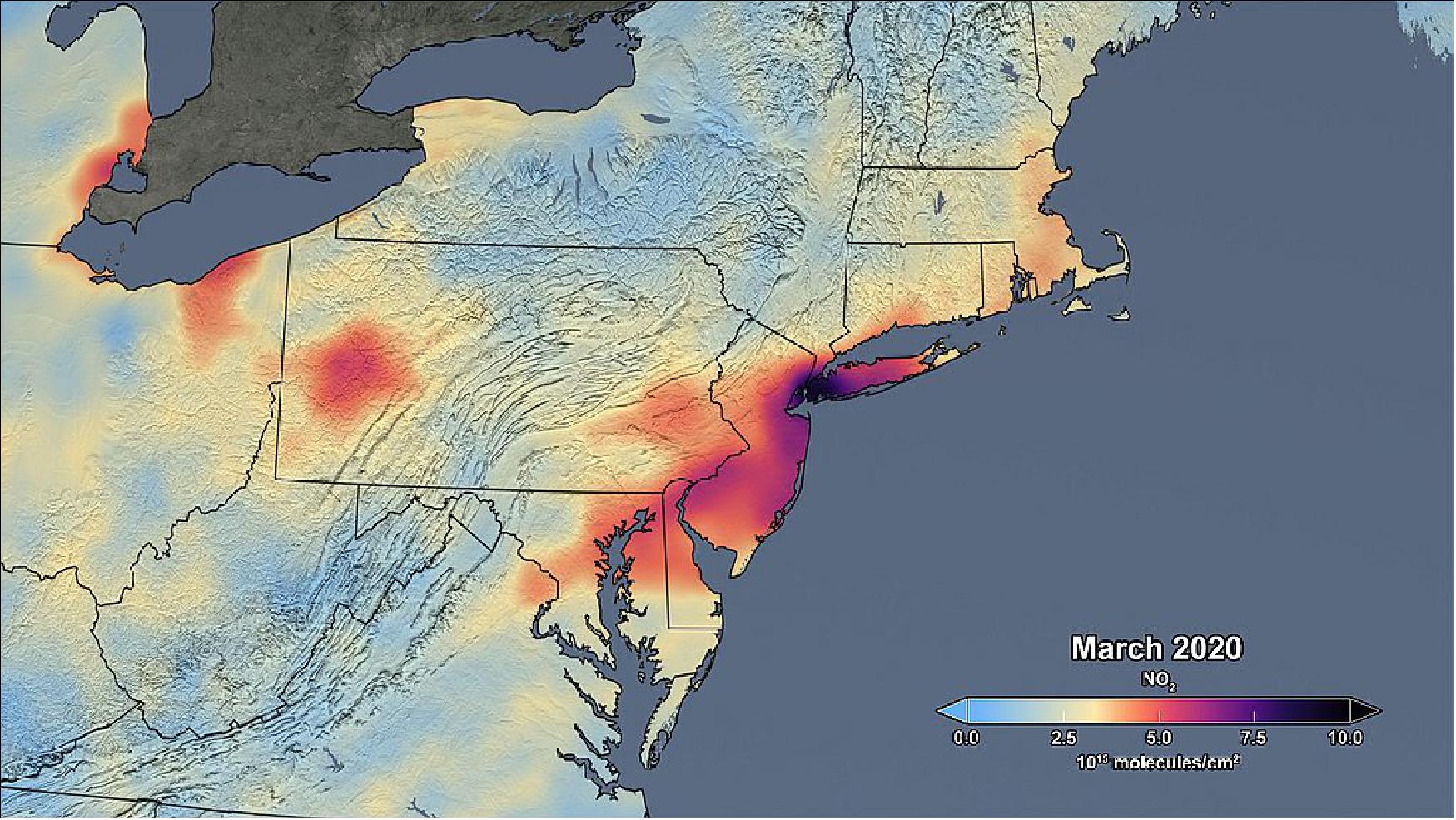 Figure 18: This image shows the average tropospheric NO2 concentration in March 2020 over the Northeast USA as measured with OMI on NASA's Aura satellite (image credit: NASA)