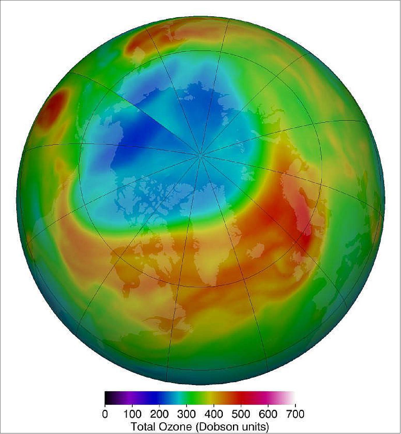 Figure 17: Arctic stratospheric ozone reached its record low level of 205 Dobson units, shown in blue and turquoise, on March 12, 2020 (image credit: NASA/GSFC)