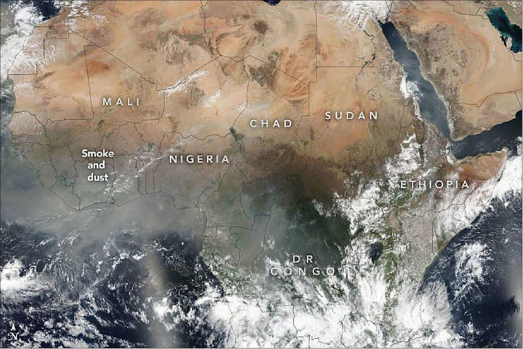 Figure 9: A natural color image of fires in Africa, observed by the VIIRS instrument aboard the NASA-NOAA Suomi NPP satellite on Feb. 14, 2020 (image credits: Images by Lauren Dauphin/NASA Earth Observatory using VIIRS data from NASA EOSDIS LANCE, GIBS/Worldview, and the Suomi National Polar-orbiting Partnership)