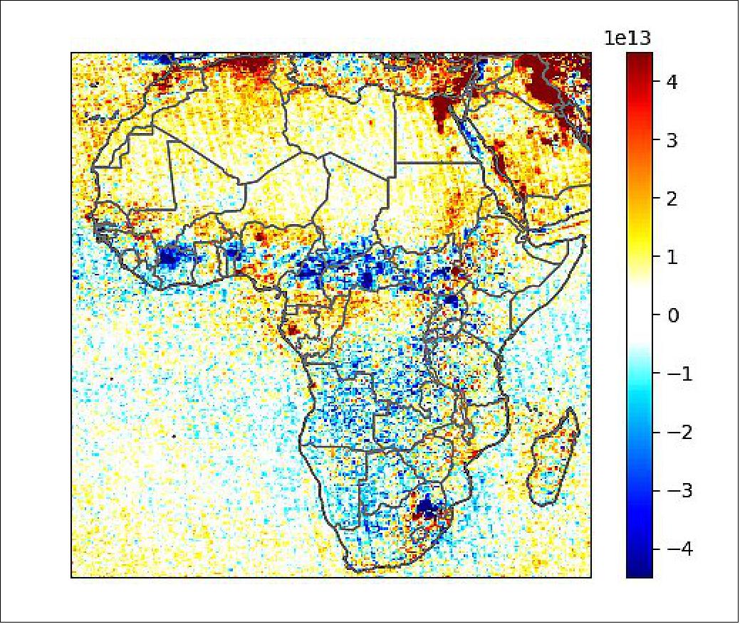 Figure 8: Air quality improved (represented by decreasing NO2 levels shown in blue) in the northern savanna, where biomass burning declined significantly. (image credits: Jonathan Hickman / NASA GISS / Data from NASA’s Aura satellite)