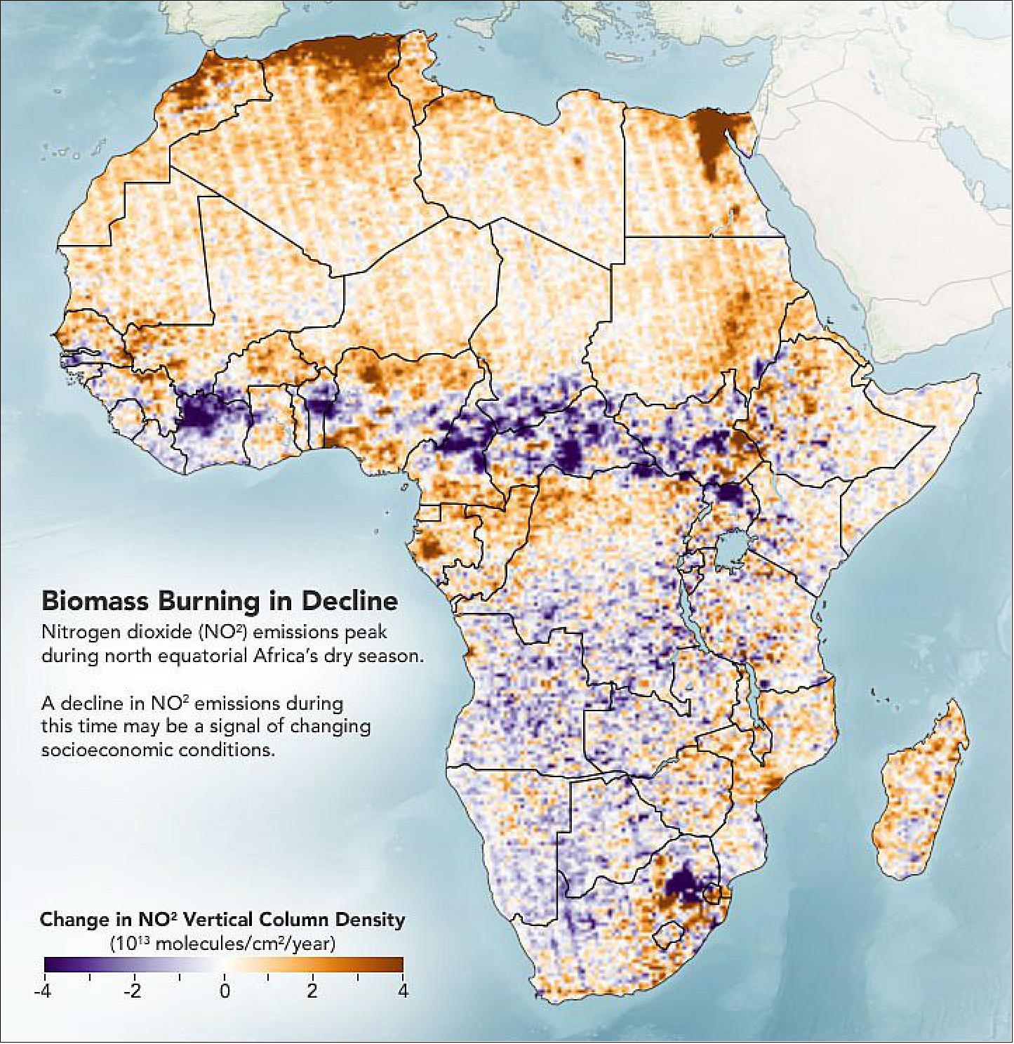 Figure 6: The map, derived from data collected by NASA’s Aura satellite, depicts changes in NO2 concentrations over Africa during November through February between 2005 to 2017 (image credit: NASA Earth Observatory)