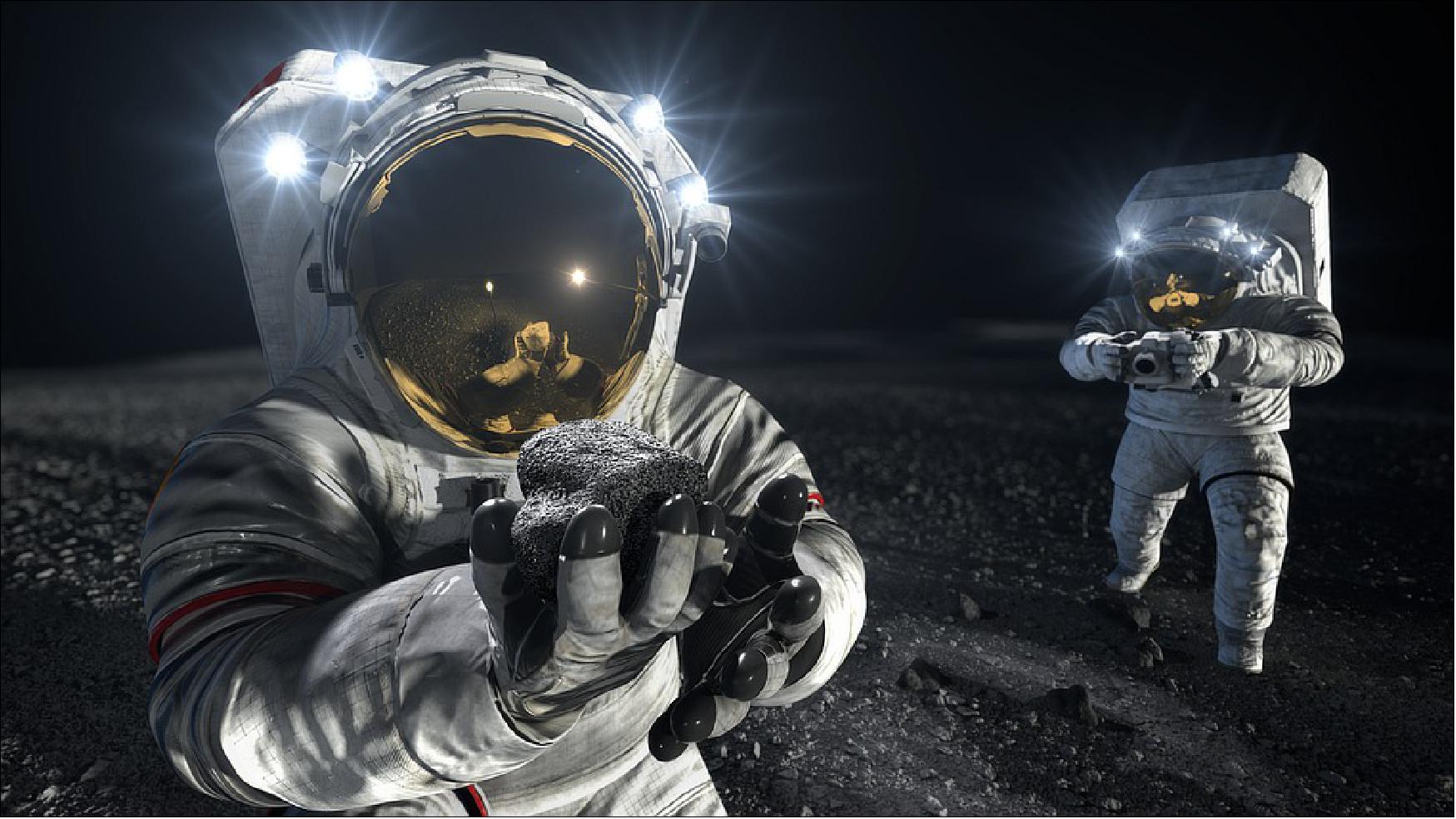 Figure 9: An artist’s illustration of two suited crew members working on the lunar surface. The one in the foreground lifts a rock to examine it while the other photographs the collection site in the background (image credit: NASA)