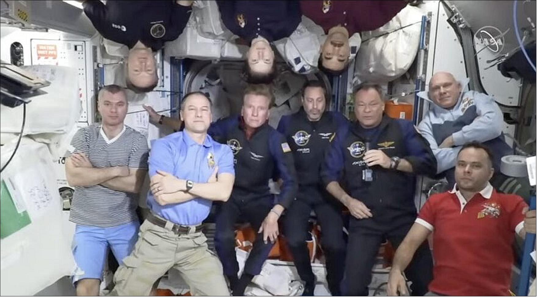 Figure 7: Despite weather delays, the ISS crew held a departure ceremony for the Ax-1 private astronauts on the space station April 19 (image credit: NASA TV)