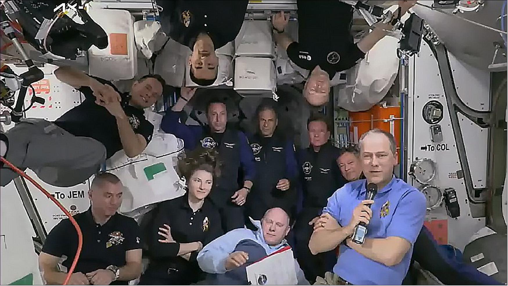 Figure 5: The 11-person crew aboard the station comprises of (bottom row from left) Expedition 67 Flight Engineers Denis Matveev, Kayla Barron, Oleg Artemyev, and station Commander Tom Marshburn; (center row from left) Axiom Mission 1 astronauts Mark Pathy, Eytan Stibbe, Larry COnnar, and Michael Lopez-Alegria; (top row from left) Expedition 67 Flight Engineers Sergey Korsakov, Raja Chari, and Matthias Maurer (image credit: NASA TV)
