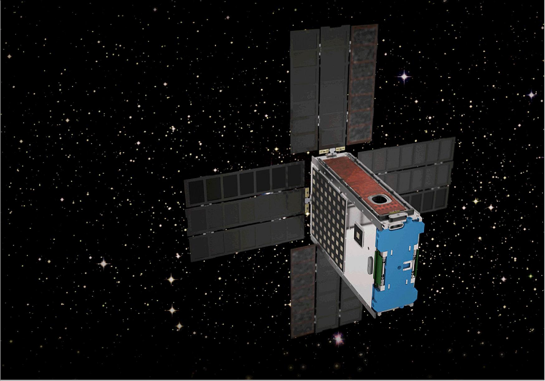 Figure 7: Artist's rendition of the deployed BioSentinel spacecraft aiming to investigate the pernicious effects of deep-space radiation (image credit: NASA)