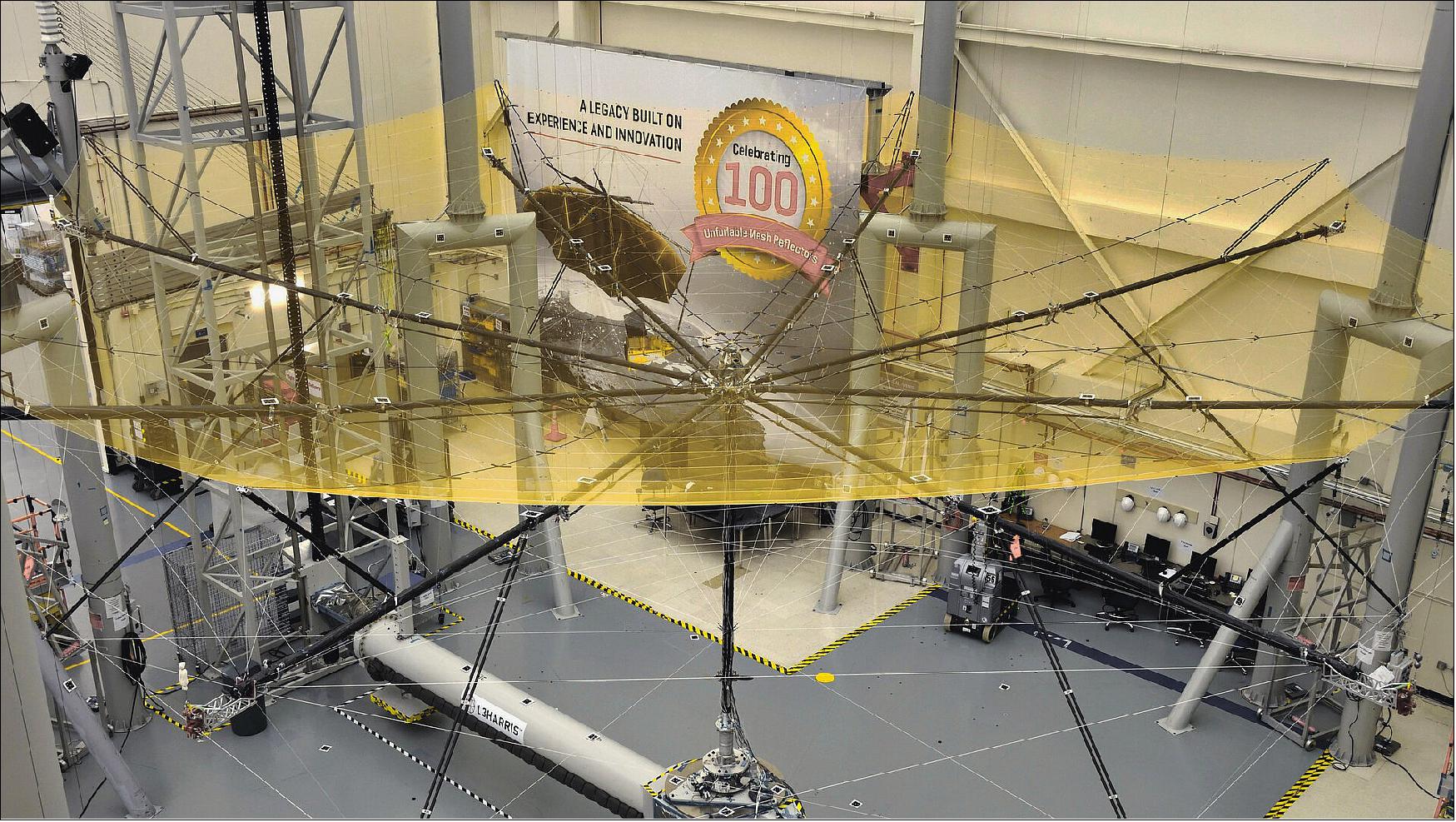Figure 7: Biomass 12 m wire-mesh reflector. With liftoff scheduled for 2023, engineers are busy building and testing ESA’s Biomass satellite. The photo shows the satellite’s 12-meter reflector in the cleanroom at L3Harris Technologies in Florida, USA, where engineers tested its deployment procedure. The satellite will be launched with this huge antenna folded up, and once safely in orbit around Earth, a three-piece boom deploys the stowed reflector bundle into position. When the boom hinges lock into their final positions the reflector bundle is released and then opened to provide a highly accurate and stable 12-meter aperture wire-mesh reflector. This reflector will receive P-band data reflected from the world’s forests – data that will carry information about forest biomass and forest height, leading to a better understanding of the state of our forests, how they are changing over time, and advance our knowledge of the carbon cycle (image credit: L3Harris Technologies)