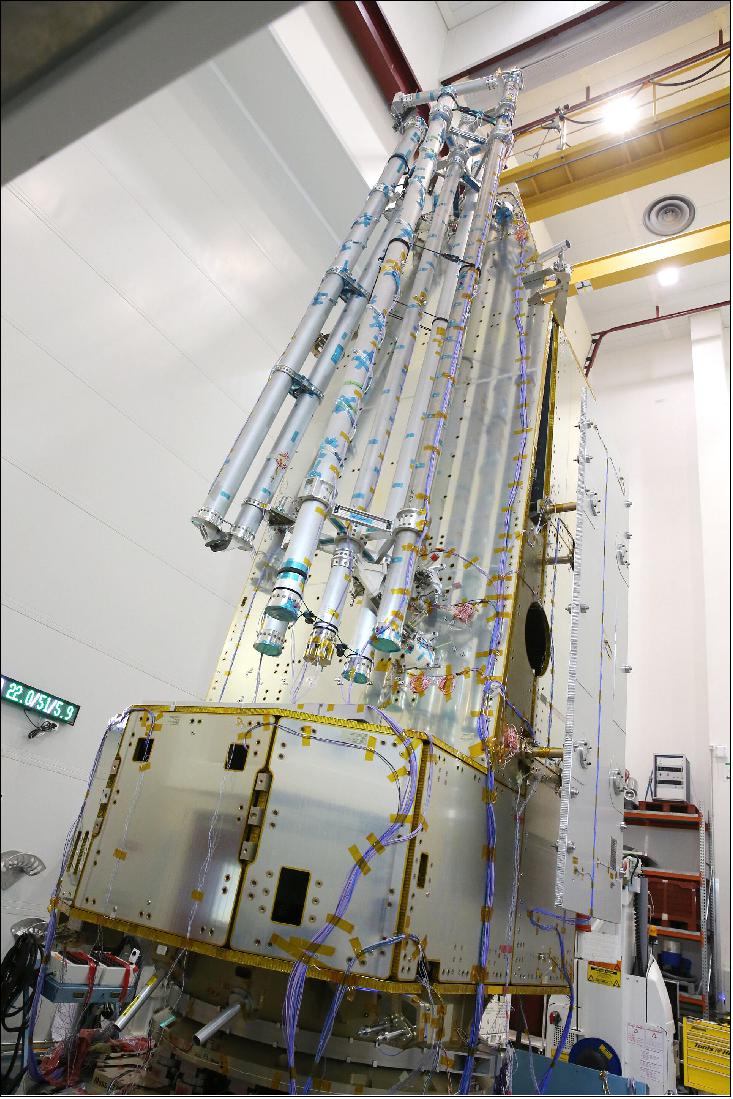 Figure 18: Biomass satellite structure being tested. Carrying a novel P-band synthetic aperture radar, the Biomass mission is designed to deliver crucial information about the state of our forests and how they are changing, and to further our knowledge of the role forests play in the carbon cycle (image credit: Airbus, D. Marques)