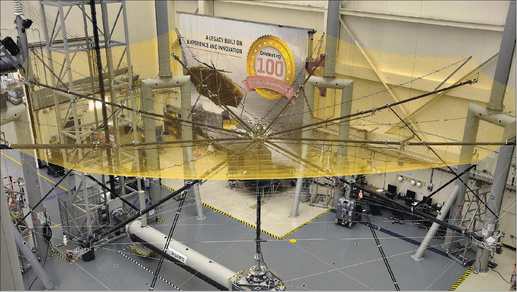 Figure 15: With liftoff scheduled for 2023, engineers are busy building and testing ESA’s Biomass satellite. The photo shows the satellite’s 12-meter reflector in the cleanroom at L3Harris Technologies in Florida, USA, where engineers tested its deployment procedure. The satellite will be launched with this huge antenna folded up, and once safely in orbit around Earth, a three-piece boom deploys the stowed reflector bundle into position. When the boom hinges lock into their final positions the reflector bundle is released and then opened to provide a highly accurate and stable 12-meter aperture wire-mesh reflector. This reflector will receive P-band data reflected from the world’s forests – data that will carry information about forest biomass and forest height, leading to a better understanding of the state of our forests, how they are changing over time, and advance our knowledge of the carbon cycle (image credit: L3Harris Technologies)