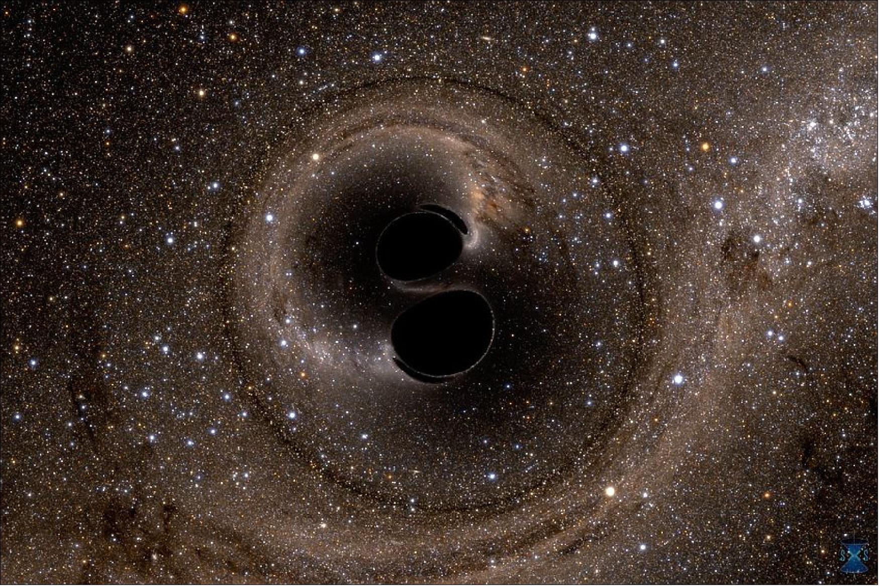 Figure 30: Physicists at MIT and elsewhere have used gravitational waves to observationally confirm Hawking's black hole area theorem for the first time. This computer simulation shows the collision of two black holes that produced the gravitational wave signal, GW150914 (image credits: Simulating eXtreme Spacetimes (SXS) project. Courtesy of LIGO)