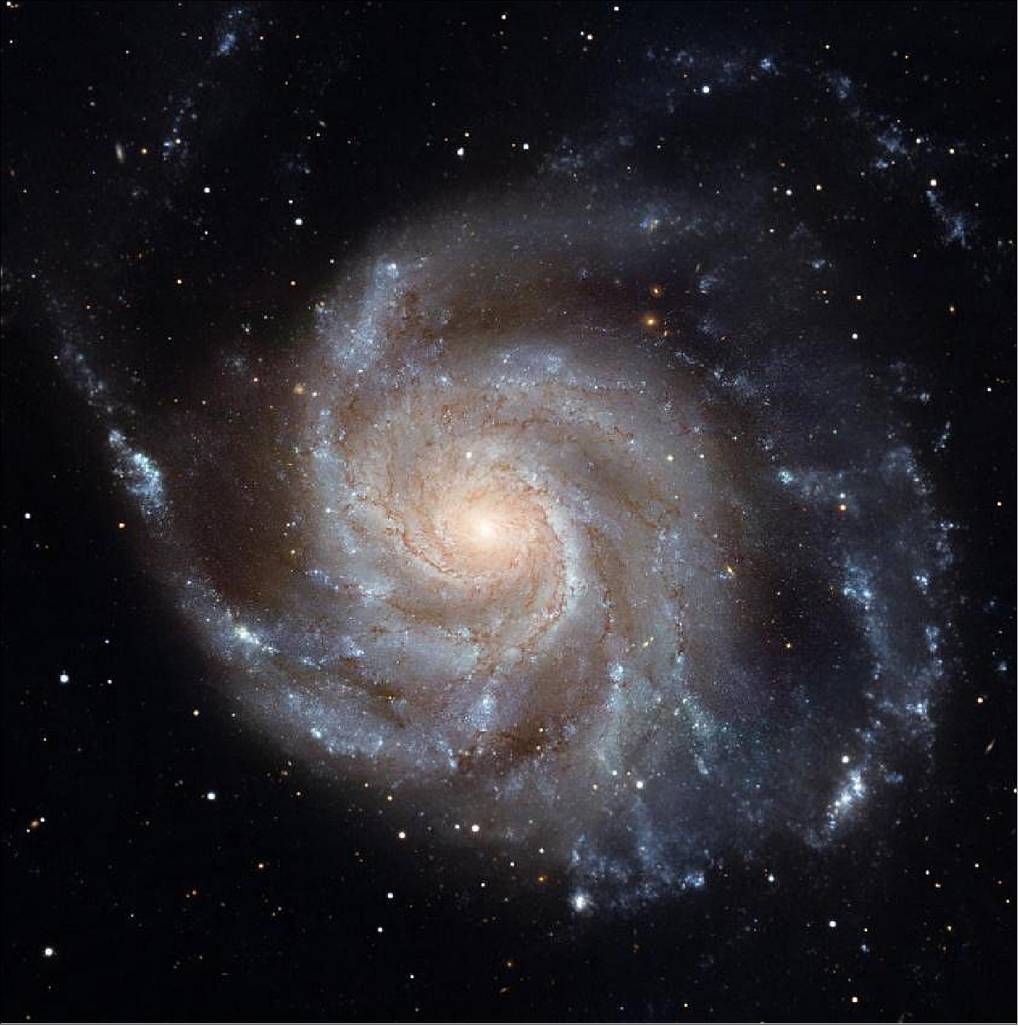 Figure 27: An image of Messier 101, the Pinwheel Galaxy, made with the Hubble Space Telescope. The bright blue clumps in the spiral arms are sites of recent star formation [image credit: NASA, ESA, K. Kuntz (JHU), F. Bresolin (University of Hawaii), J. Trauger (Jet Propulsion Lab), J. Mould (NOAO), Y.-H. Chu (University of Illinois, Urbana), and STScI, Licence type Attribution (CC BY 4.0)]