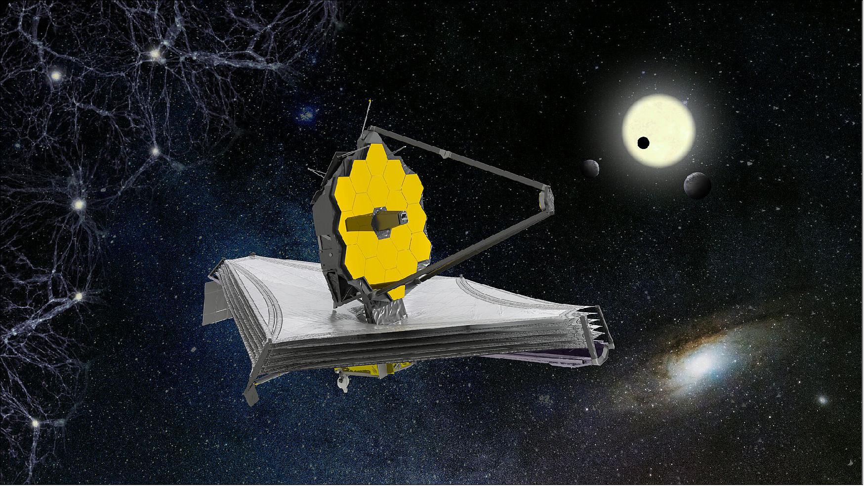 Figure 25: The James Webb Space Telescope (Webb) will be the largest, most powerful telescope ever launched into space. It follows in the footsteps of the Hubble Space Telescope as the next great space science observatory, designed to answer outstanding questions about the Universe and to make breakthrough discoveries in all fields of astronomy . 19)
