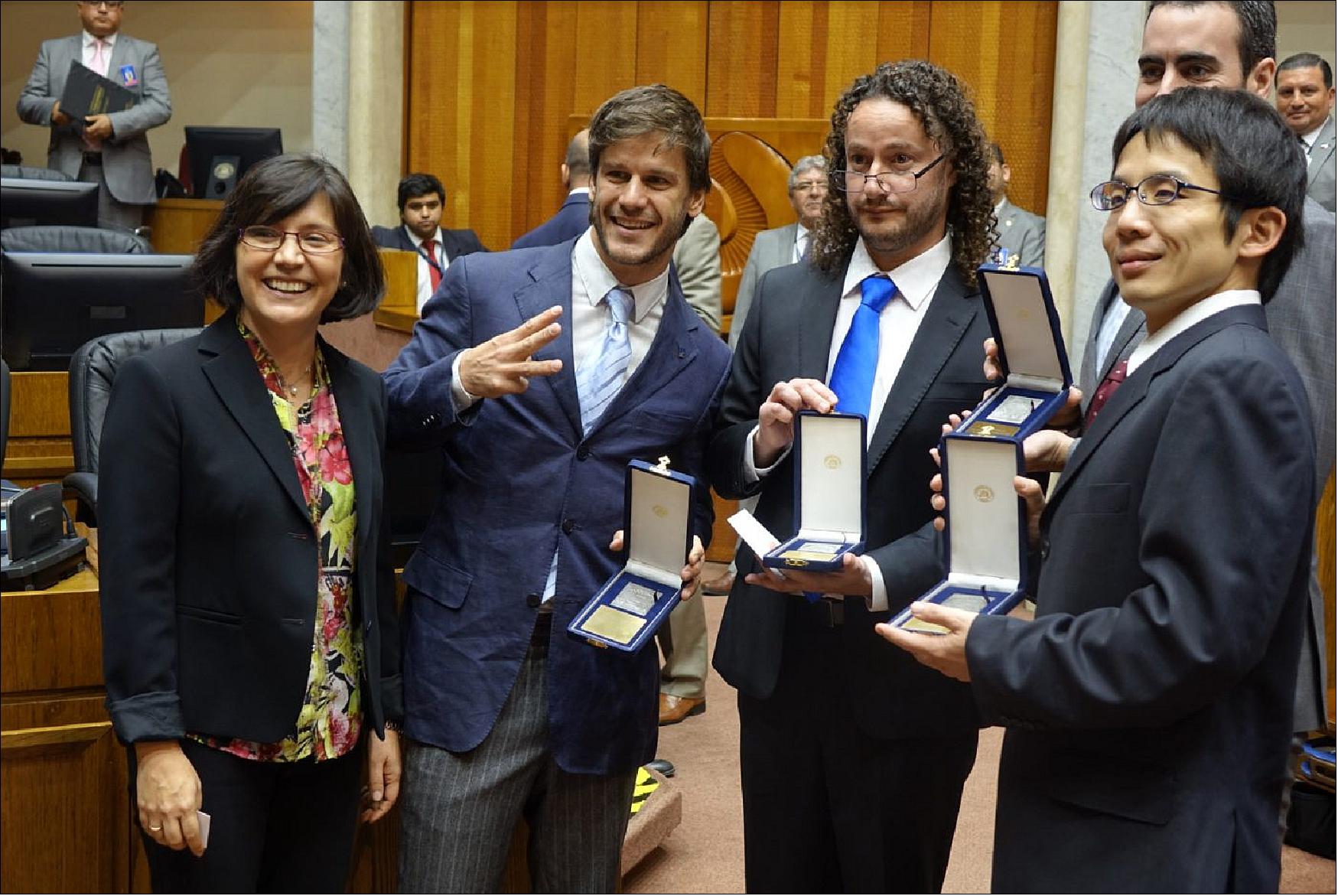 Figure 8: From left: Paulina Bocaz, NRAO/AUI legal representative in Chile; Hugo Messias; Alejandro Sáez; Akihiko Hirota (image credit: N. Lira – ALMA (ESO/NAOJ/NRAO)