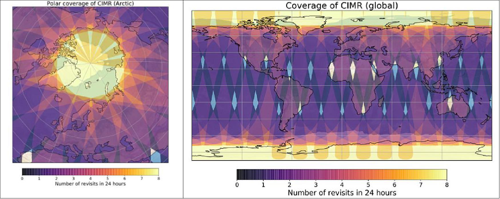 Figure 1: Example plots showing a simulation of the expected CIMR global coverage and over the Arctic highlighting the number of revisits each day with no hole at the pole. Daily coverage of the Copernicus Imaging Microwave Radiometer mission in the Arctic regions. The color map shows the number of revisit overpasses in a 24 hours period. The CIMR mission is specifically designed to ensure sub-daily coverage in all the Arctic region. Particularly, CIMR will achieve full sub-daily coverage of the Arctic region (i.e. "no hole at the pole" requirement). By symmetry, the coverage is also excellent in the Antarctic region. Over 95% of the globe will be covered on a daily basis (Lavergne, T., Pinol Sole, M. and Donlon, C.: Daily coverage of CIMR (Arctic, Antarctic, and Global views), figshare, doi:10.6084/m9.figshare.7749284.v1, 2019), image credit: ESA