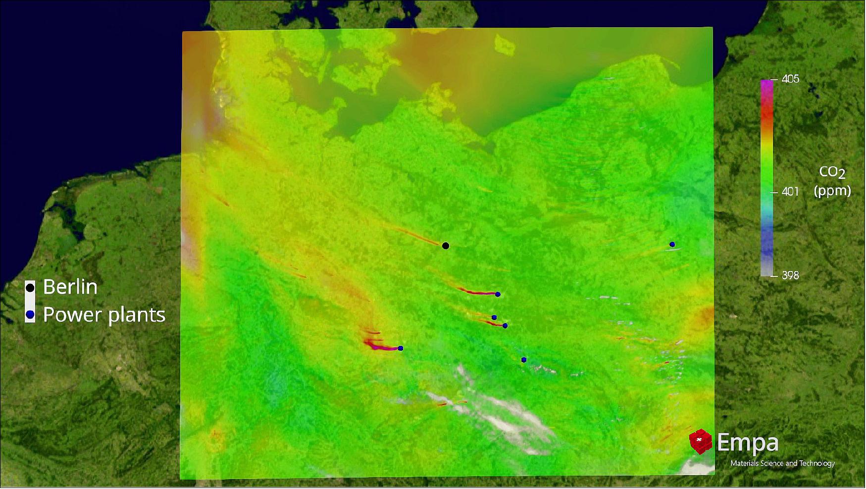 Figure 7: High-resolution simulation of total column carbon dioxide plumes from Berlin and nearby power plants on 2 July 2015. The data were generated by Empa, as part of the ESA-funded Smartcarb study (image credit: Empa, Swiss Federal Laboratories for Materials Science and Technology)