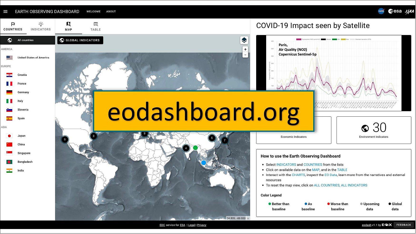 Figure 17: COVID-19 Earth Observation Dashboard users can filter and select data from Countries and Indicators lists, the map (center), or from the table view. Spotlight Areas are marked on the map, with a number shown of how many indicators are available in each area. The right panel displays the indicator data and provides additional information (image credit: NASA/ESA/JAXA, Anca Anghelea)