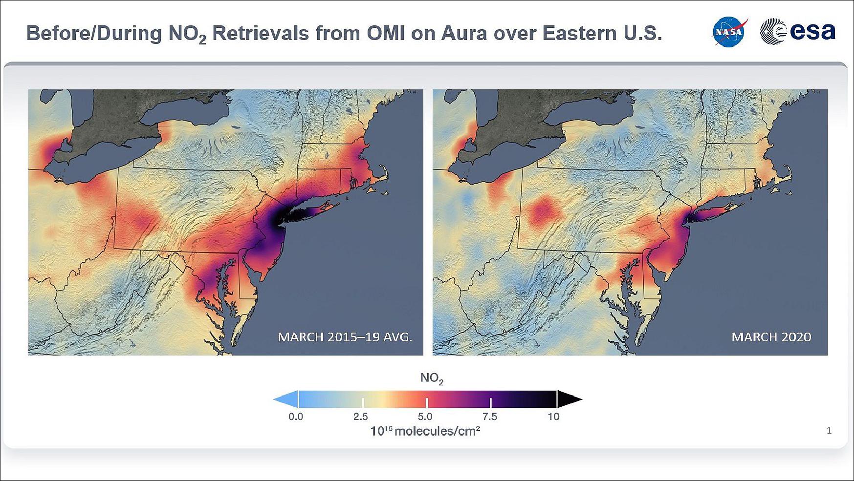 Figure 12: Nitrogen dioxide (NO2) abundances for March from the last four years and for 2020 from the OMI instrument on the NASA Aura satellite. The 2020 reductions in observed NO2 correspond with the reductions in fossil fuel emissions during that time frame in the New York City metropolitan area (image credit: NASA, ESA, Ken Jucks)