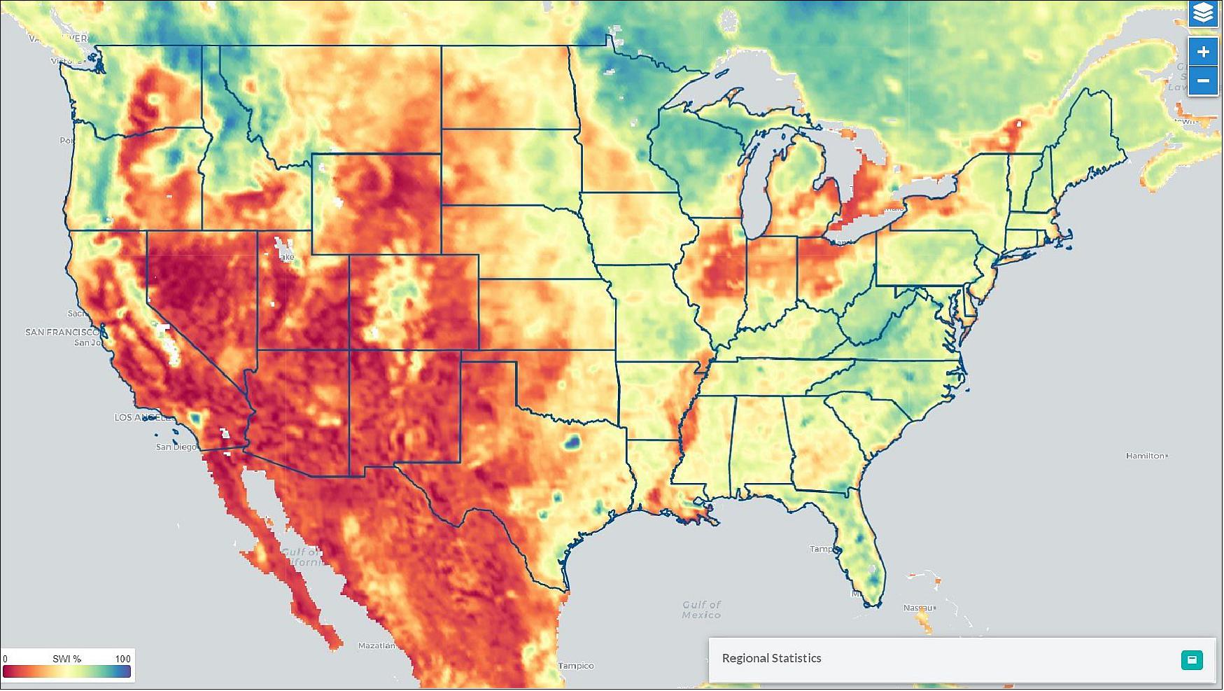 Figure 8: One type of agricultural productivity information that will be added to the dashboard in the weeks ahead comes from the Global Agriculture Monitoring (GLAM) System supported by NASA. This map shows the amount of surface moisture in soil across the United States from June 12-21. Red areas have dry soil conditions; green/blue areas are much wetter (image credit: NASA, Thomas Zurbuchen)