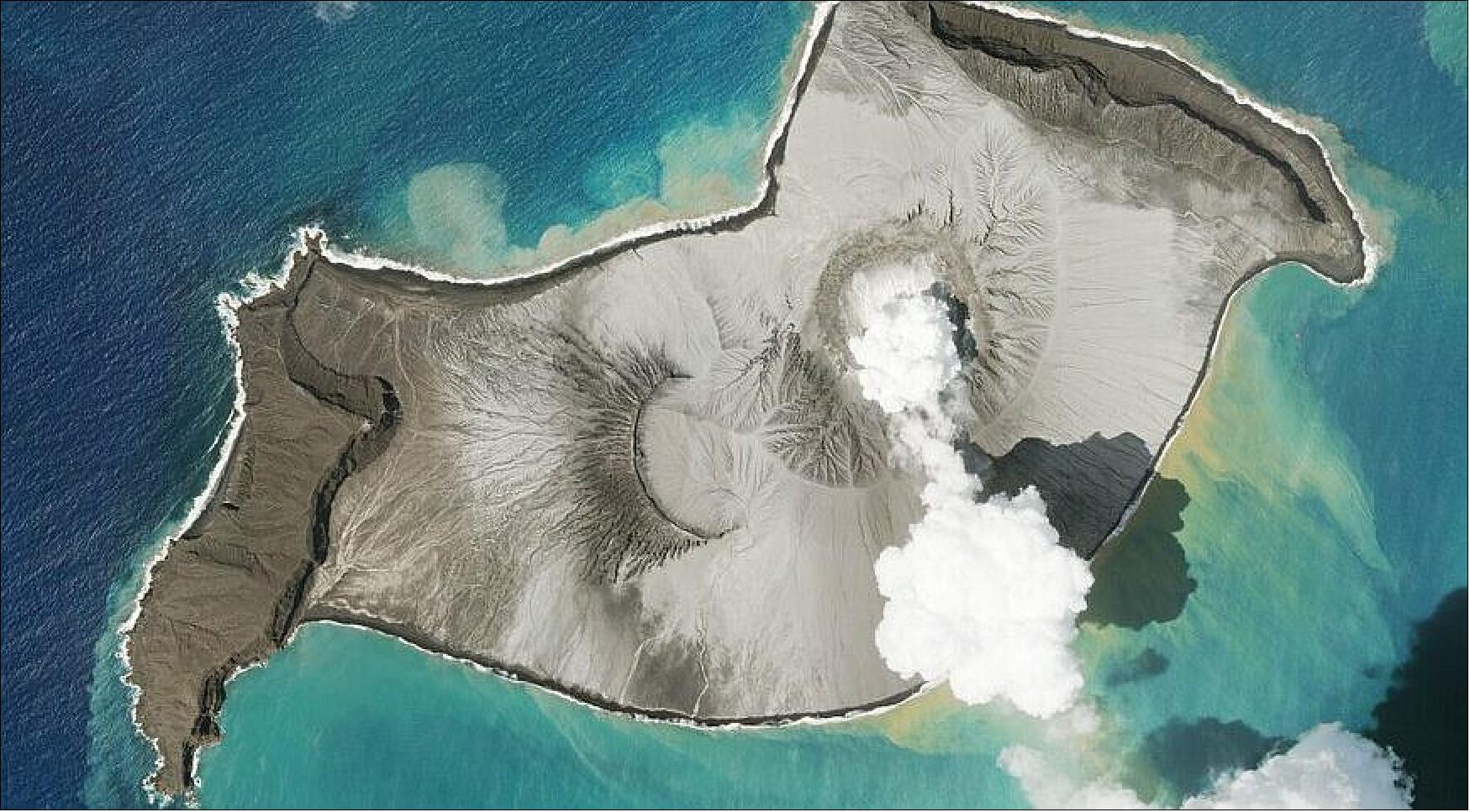 Figure 1: Planet Skysat image shows clouds of steam rising from the Hunga-Tonga Hunga-Ha'apai volcano as heat vaporizes a small crater lake on Janaury 7, 2021. NASA researchers are using this data to monitor activity on volcanic islands (image credit: Planet)