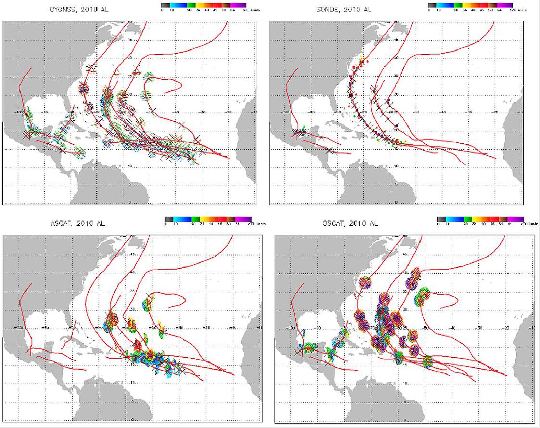Figure 54: CYGNSS retrievals and corresponding "truth" data from OSCAT, ASCAT and GPS dropsondes for tropical cyclones during the 2010 season in the Atlantic basin (image credit: NOAA)