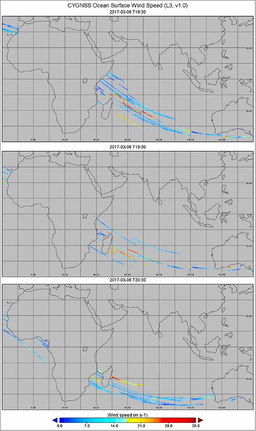 Figure 38: These maps show measurements of ocean surface wind speeds made by four of the eight CYGNSS spacecraft on March 6, 2017, as Tropical Cyclone Enawo approaches landfall on Madagascar. The times of the measurements are, from top to bottom: 18:30, 19:30, and 20:30 UTC (image credit: NASA)