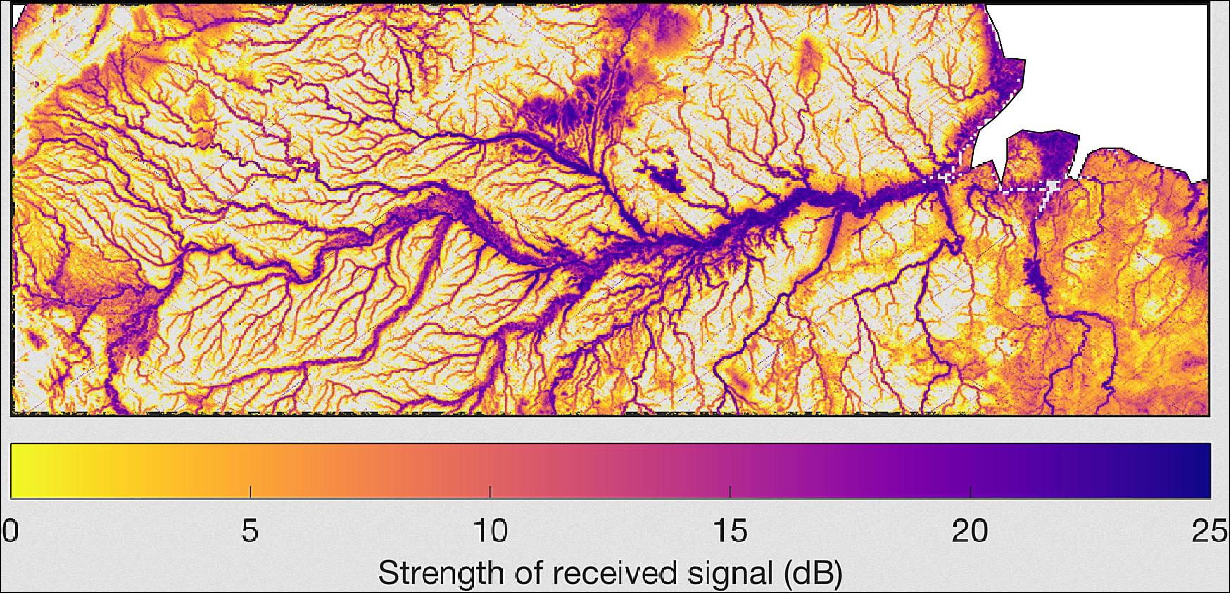 Figure 33: CYGNSS data delineates the streams and tributaries across the Amazon basin in South America (image credit: Clara Chew, UCAR)