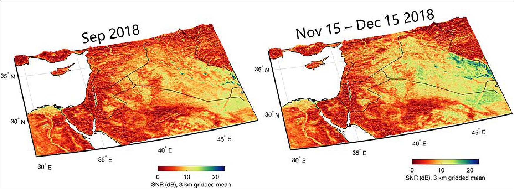 Figure 22: An extreme precipitation event occurred in northwestern Iraq on 22-23 Nov 2018, causing major flooding in Ninewa and Salah al-Din governorates. The September 2018 CYGNSS SNR map (left) before the flooding provides a baseline. The Nov-Dec 2018 SNR map (right) identifies flooded regions by large increases in SNR, highlighted as the yellow/green areas (image credit C. Chew, UCAR)