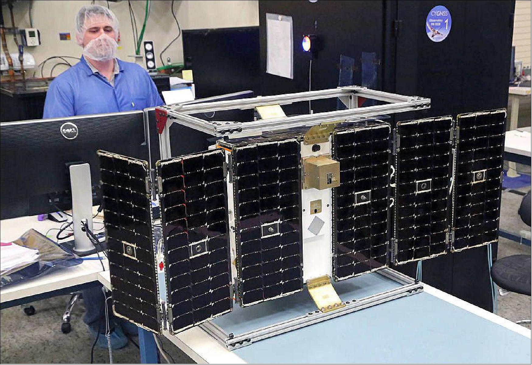 Figure 12: Deployment test of the first completed CYGNSS microsatellite, February 4, 2016, at the Southwest Research Institute (image credit: SwRI, NASA)