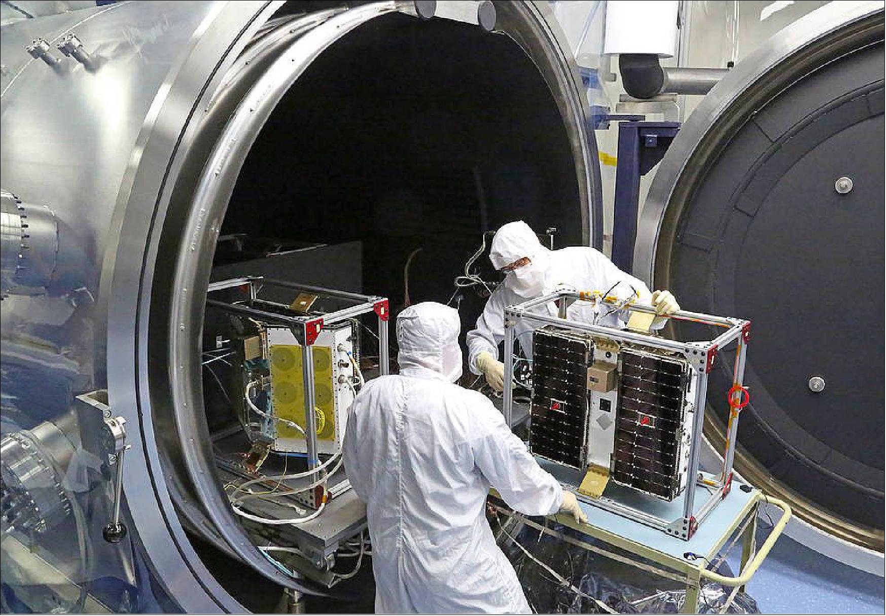 Figure 10: Thermal vacuum (shown) and other environmental tests of the CYGNSS microsatellites wrapped last month at the SwRI in San Antonio, Texas. The final series of tests will soon commence on all eight observatories, stacked in the final launch configuration (image credit: Southwest Research Institute)