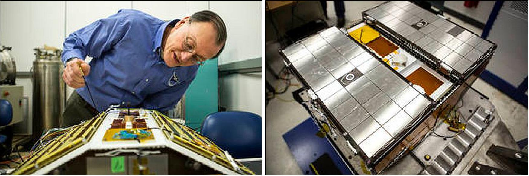 Figure 7: Left: Christopher Ruf inspects the CYGNSS spacecraft in Feb. 2015; Right: Jonathan Van Noord of UM calibrates CYGNSS in the lab in December 2014 (image credit: UM, Joseph Xu) 18)
