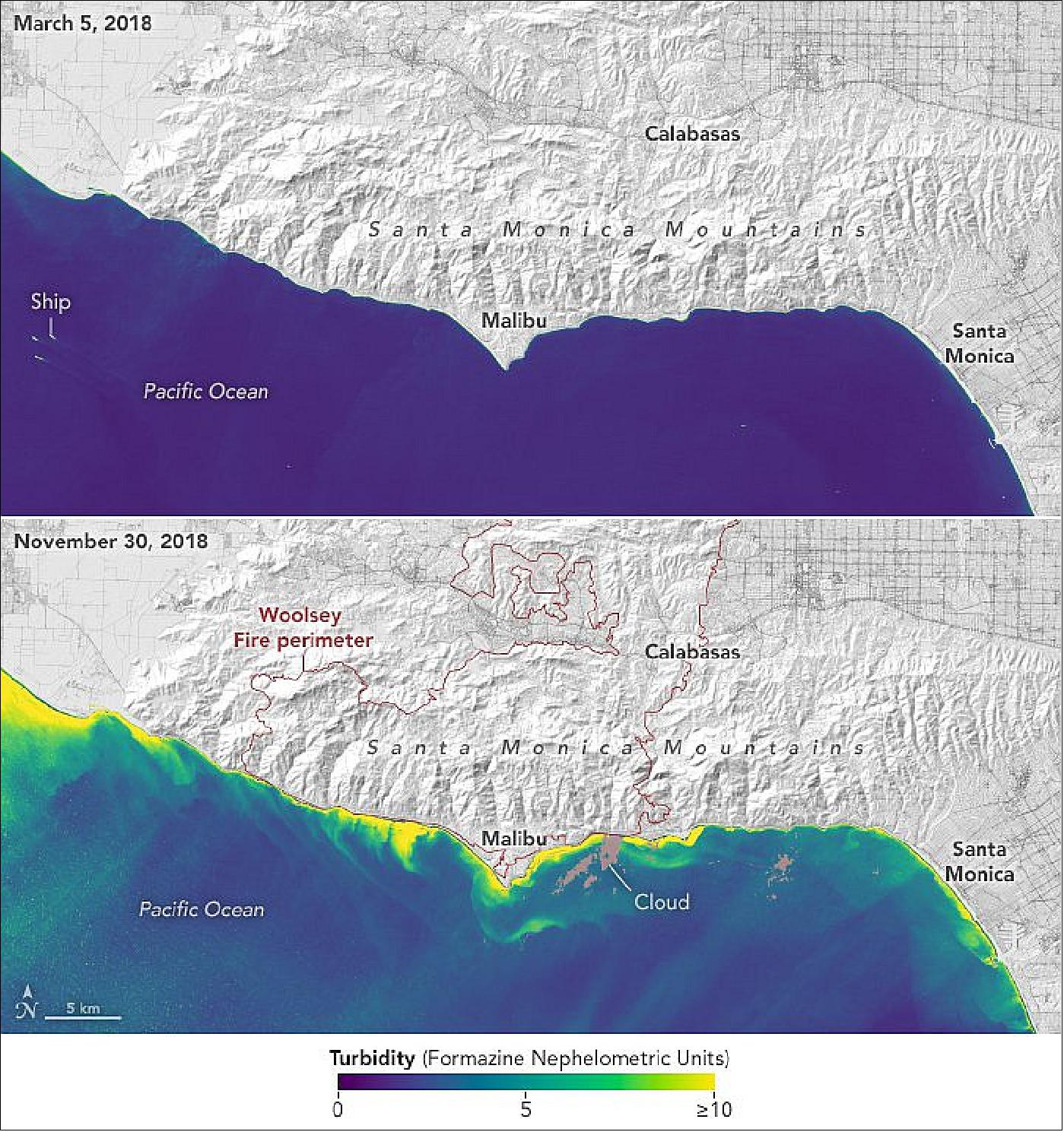 Figure 3: The Woolsey Fire led to a spike in turbidity, or cloudiness from sediment, in coastal waters off Southern California. This annotated map shows turbidity before (top) and after the fire, with bright yellow indicating the largest increases (image credit: NASA Earth Observatory)