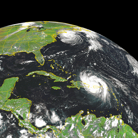 Figure 18: This scene shows two tropical cyclones from September 20, 2017 — Hurricane Maria near the Caribbean Sea and Tropical Storm José off the northeast U.S. coast. Data from the CALIPSO lidar and CloudSat radar appear as vertical slices in the atmosphere. CALIPSO lidar data is visualized as a bluish slice, with red and yellow colors denoting more scattering off of clouds and aerosols. CloudSat radar data is superimposed on the CALIPSO slice in brighter colors. Areas of heavier precipitation, found in each storm’s spiral bands, appear in red and pink (image credit: NASA/Roman Kowch)