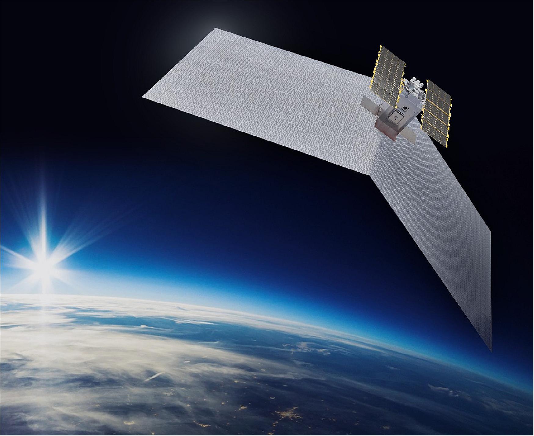 Figure 6: Artist's rendition of the deployed Capella microsatellite. The spacecraft is using an origami-like antenna that unfolds to 8 m2 (image credit: Capella Space) 10)