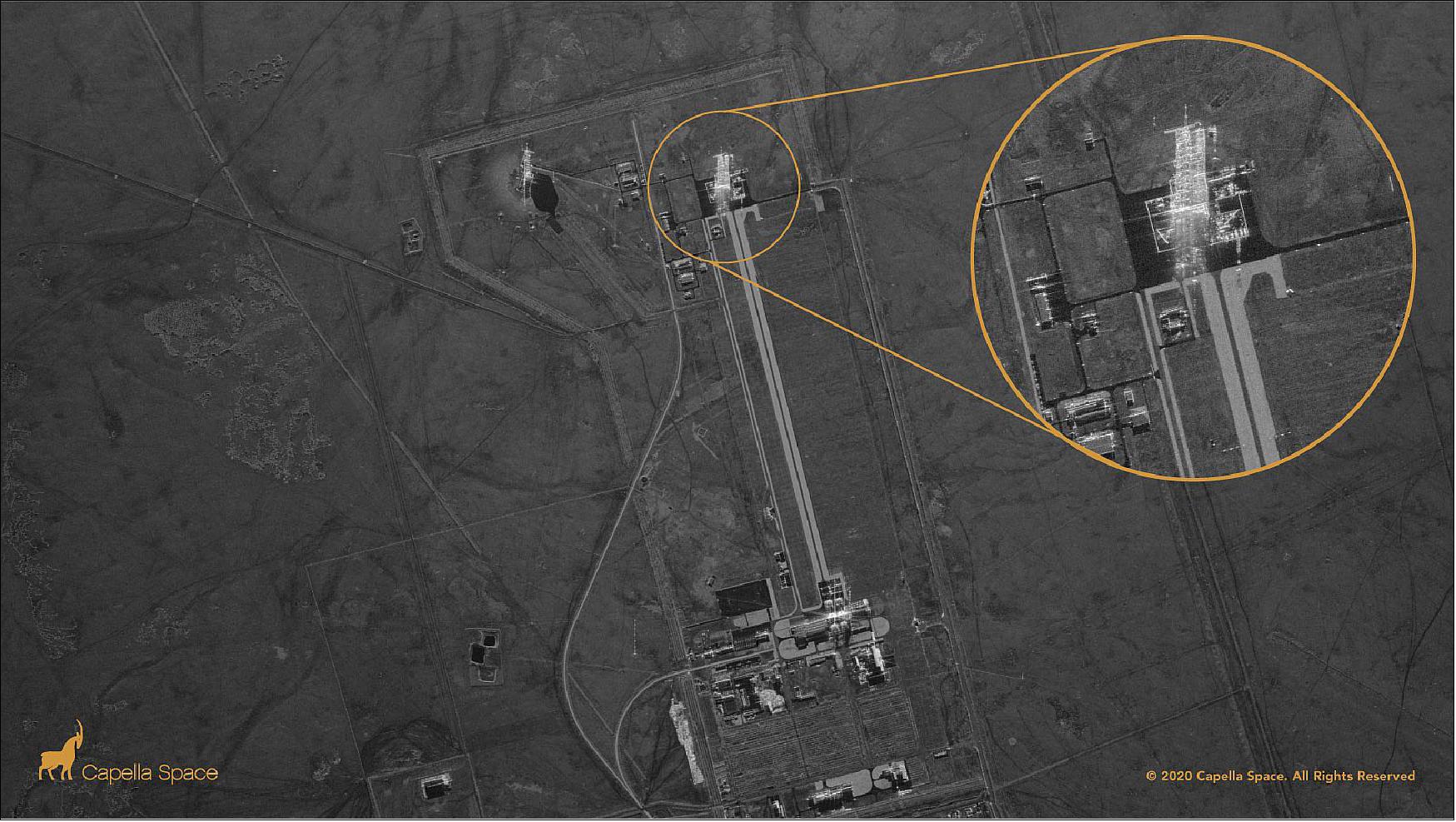 Figure 21: Capella’s new Spot imagery captures the Jiuquan Launch Center where China recently launched its new commercial CERES-1 rocket. The spaceport’s launch pad areas and vertical assembly area are clearly visible in the radar image and a zoomed in version shows a closeup of the launch pad (image credit: Capella Space)