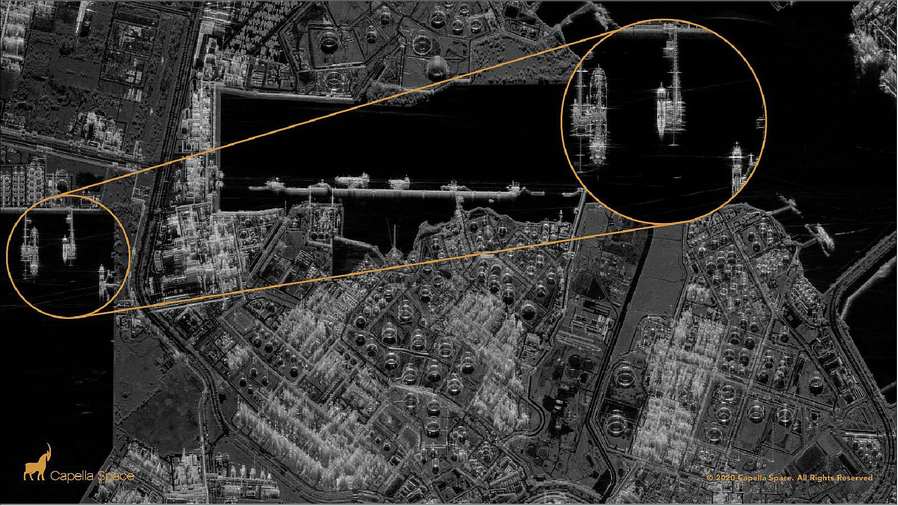 Figure 16: The metallic refining units and piping brightly reflect radar signals at ExxonMobil’s Singapore Chemical plant on Jurong Island. Very high resolution zoomed in views show the granular features of an oil tanker docked near floating roof storage tanks (image credit: Capella Space)