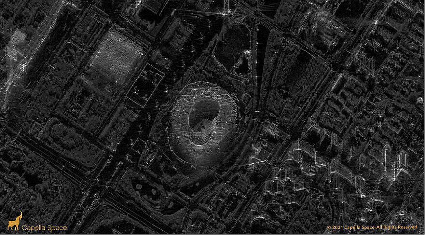 Figure 10: Capella Space synthetic-aperture radar image of the Chinese National Stadium, also known as the Bird's Nest, the site of opening ceremonies for the 2022 winter Olympics in China (image credit: Capella Space)
