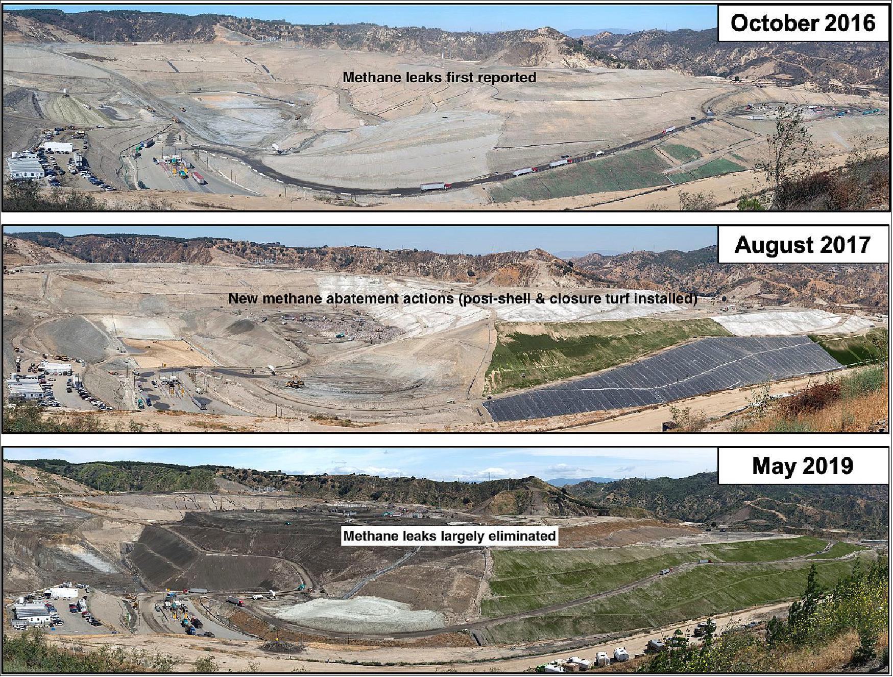 Figure 4: In this example, one of the landfill operators in southern California confirmed the methane emissions and determined they were due to problems with surface cover and gas capture systems. Over the next year the operator instituted a number of changes that dramatically reduced the methane emissions. Subsequent flyovers confirmed a corresponding reduction in the number of odor complaints for that facility (image credit: Carbon Mapper collaboration)