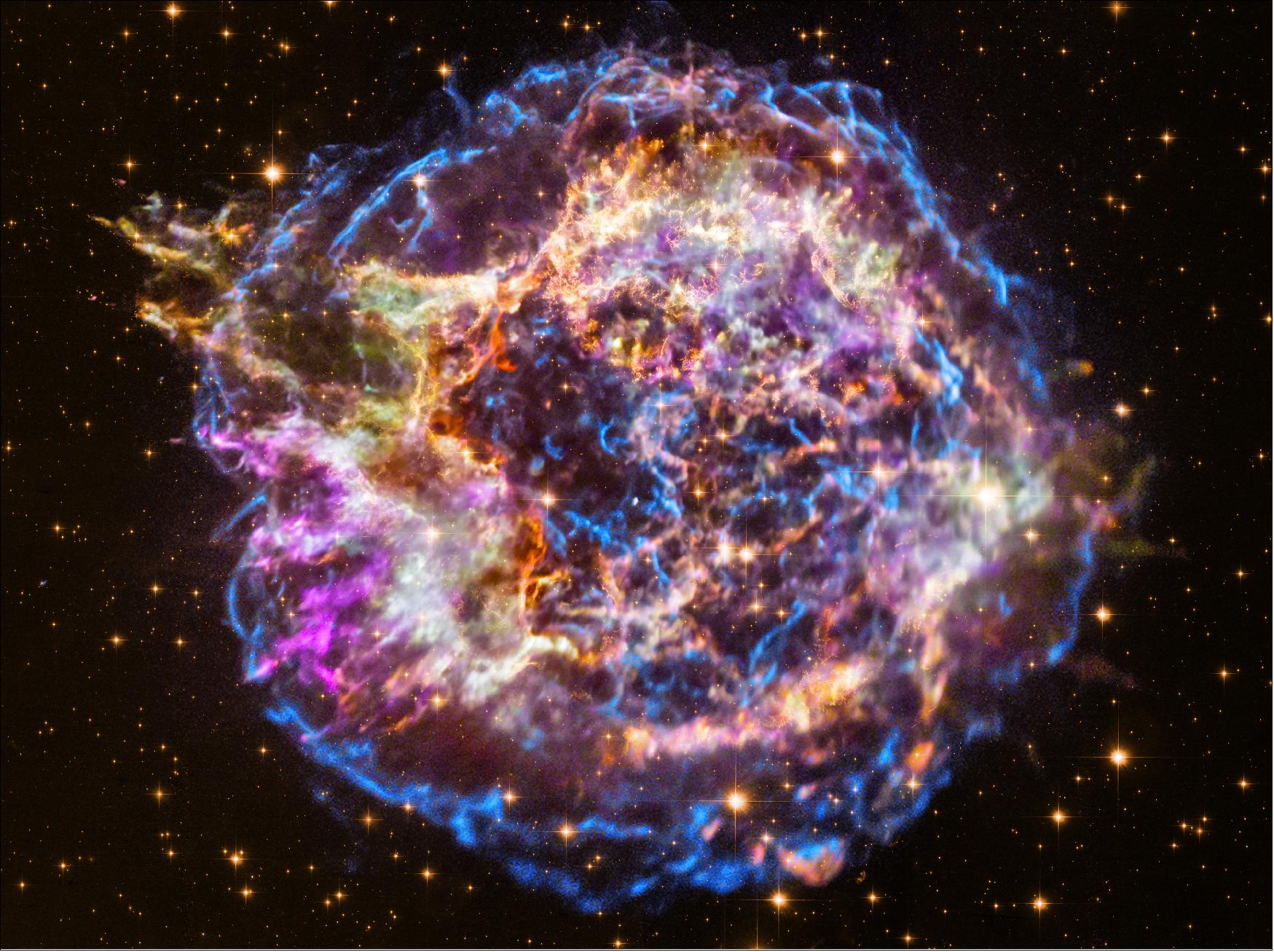 Figure 32: The Latest Look at "First Light" from Chandra. NASA’s Chandra X-ray Observatory has captured many spectacular images of cosmic phenomena over its two decades of operations, but perhaps its most iconic is the supernova remnant Cassiopeia A (image credit: X-ray: NASA/CXC/RIKEN/T. Sato et al.; Optical: NASA/STScI)