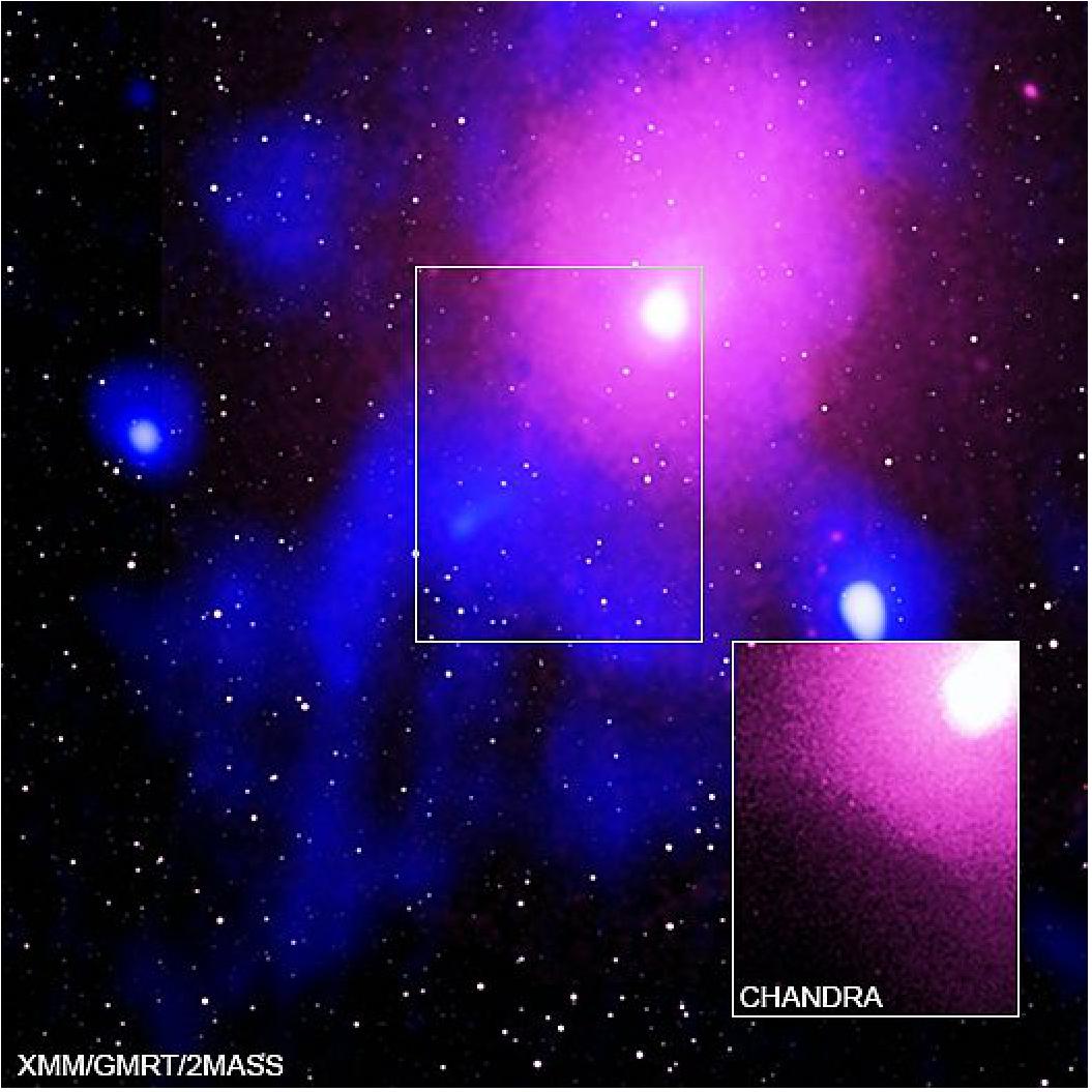 Figure 26: Composite image of the Ophiuchus Galaxy Cluster: Record-Breaking Explosion by Black Hole Spotted (image credit: X-ray: Chandra: NASA/CXC/NRL/S. Giacintucci, et al., XMM-Newton: ESA/XMM-Newton; Radio: NCRA/TIFR/GMRT; Infrared: 2MASS/UMass/IPAC-Caltech/NASA/NSF) 32) 33)