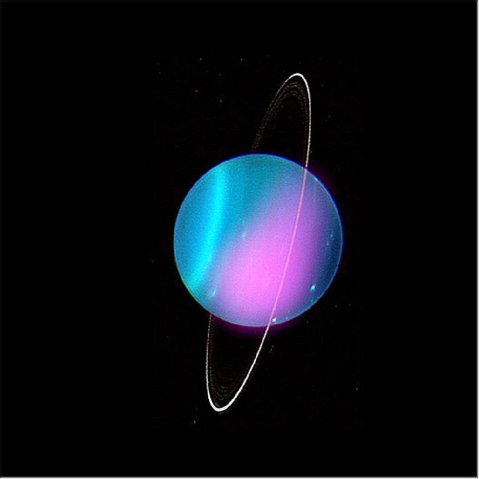 Figure 12: This graphic shows a Chandra X-ray image of Uranus from 2002 (in pink) superimposed on an optical image from the Keck-I Telescope obtained in a separate study in 2004. The latter shows the planet at approximately the same orientation as it was during the 2002 Chandra observations (image credit: NASA/CXC)
