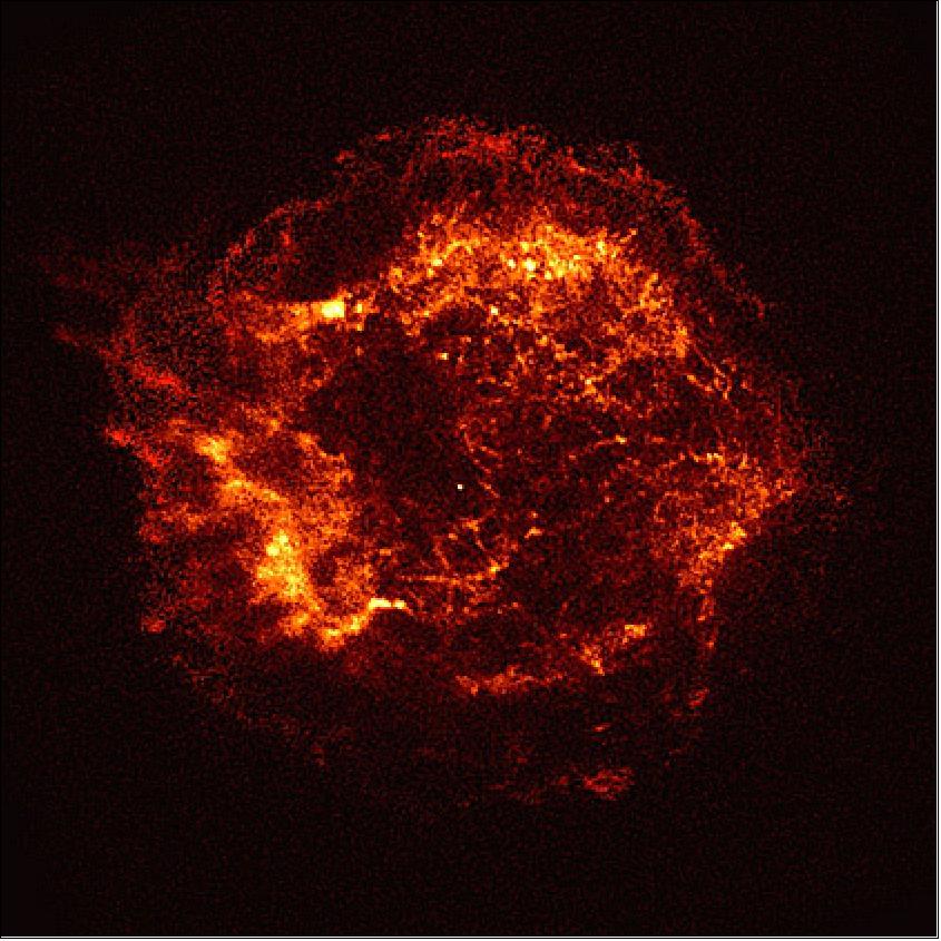 Figure 56: Cas A is the remnant of a star that exploded about 300 years ago. The X-ray image shows an expanding shell of hot gas produced by the explosion. This gaseous shell is about 10 light years in diameter, and has a temperature of about 50 million degrees (image credit: NASA/CXC/SAO)
