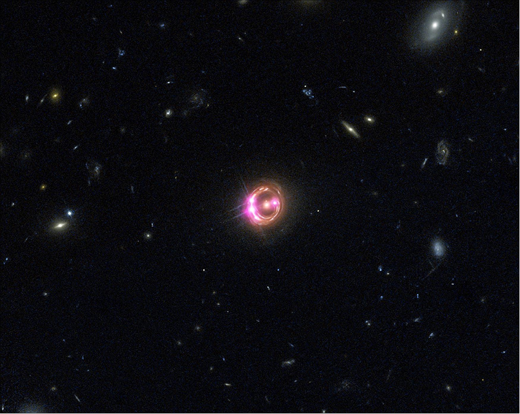 Figure 52: Multiple images of a distant quasar are visible in this combined view from NASA's Chandra X-ray Observatory and the Hubble Space Telescope. The Chandra data, along with data from ESA's XMM-Newton, were used to directly measure the spin of the supermassive black hole powering this quasar. This is the most distant black hole where such a measurement has been made, as reported in our press release (image credit: X-ray: NASA/CXC/Univ of Michigan/R. C. Reis et al; Optical: NASA/STScI)