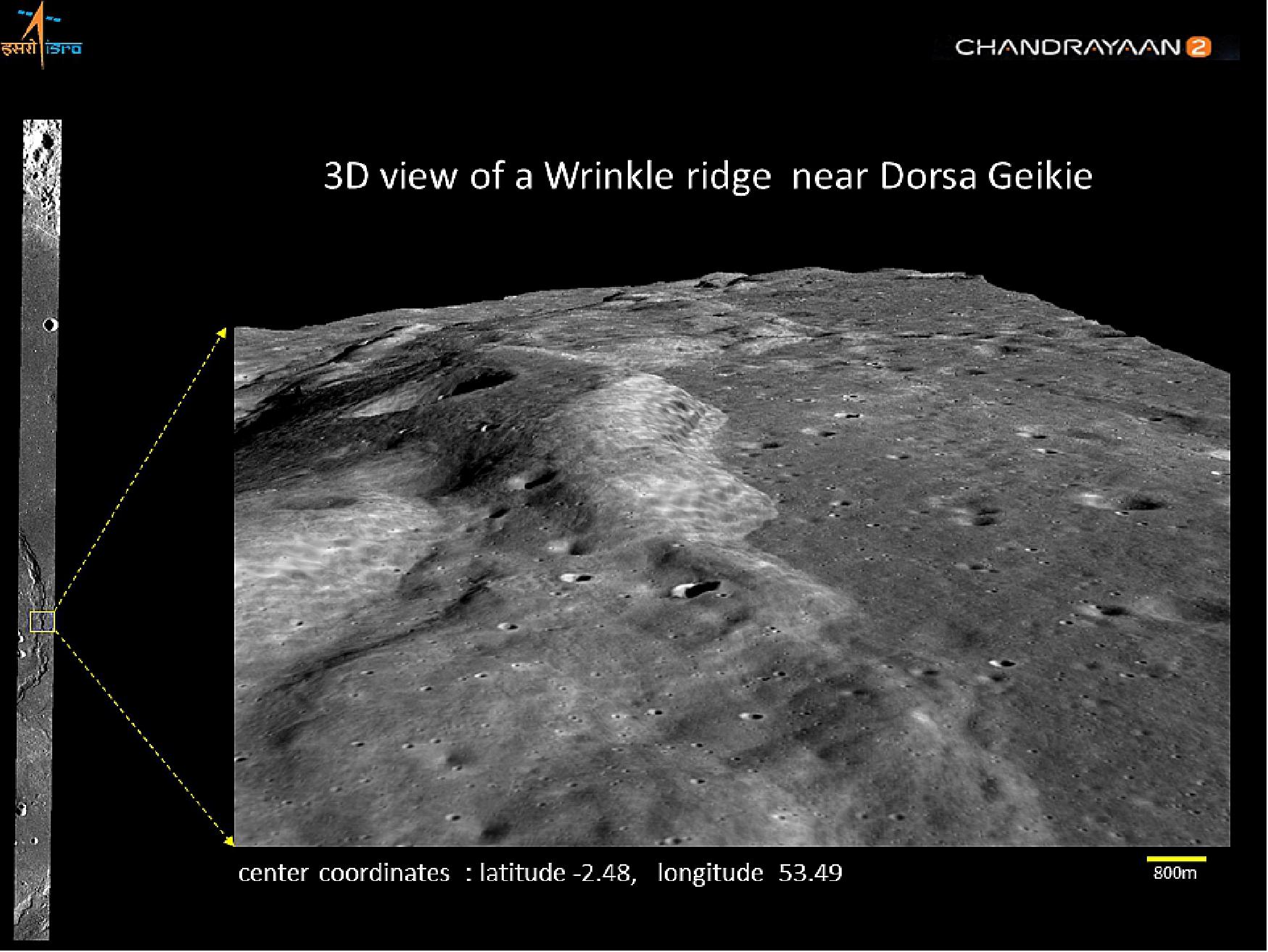 Figure 10: TMC-2 3D image of a wrinkle ridge near Dorsa Geikie (image credit: ISRO)