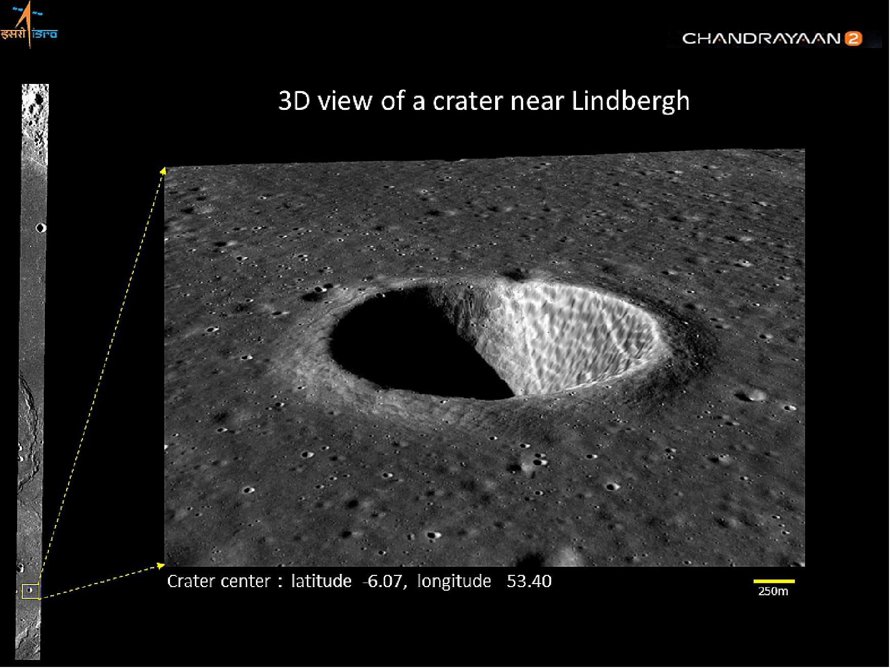 Figure 9: TMC-2 3D view of a crater near Lindbergh (image credit: ISRO)