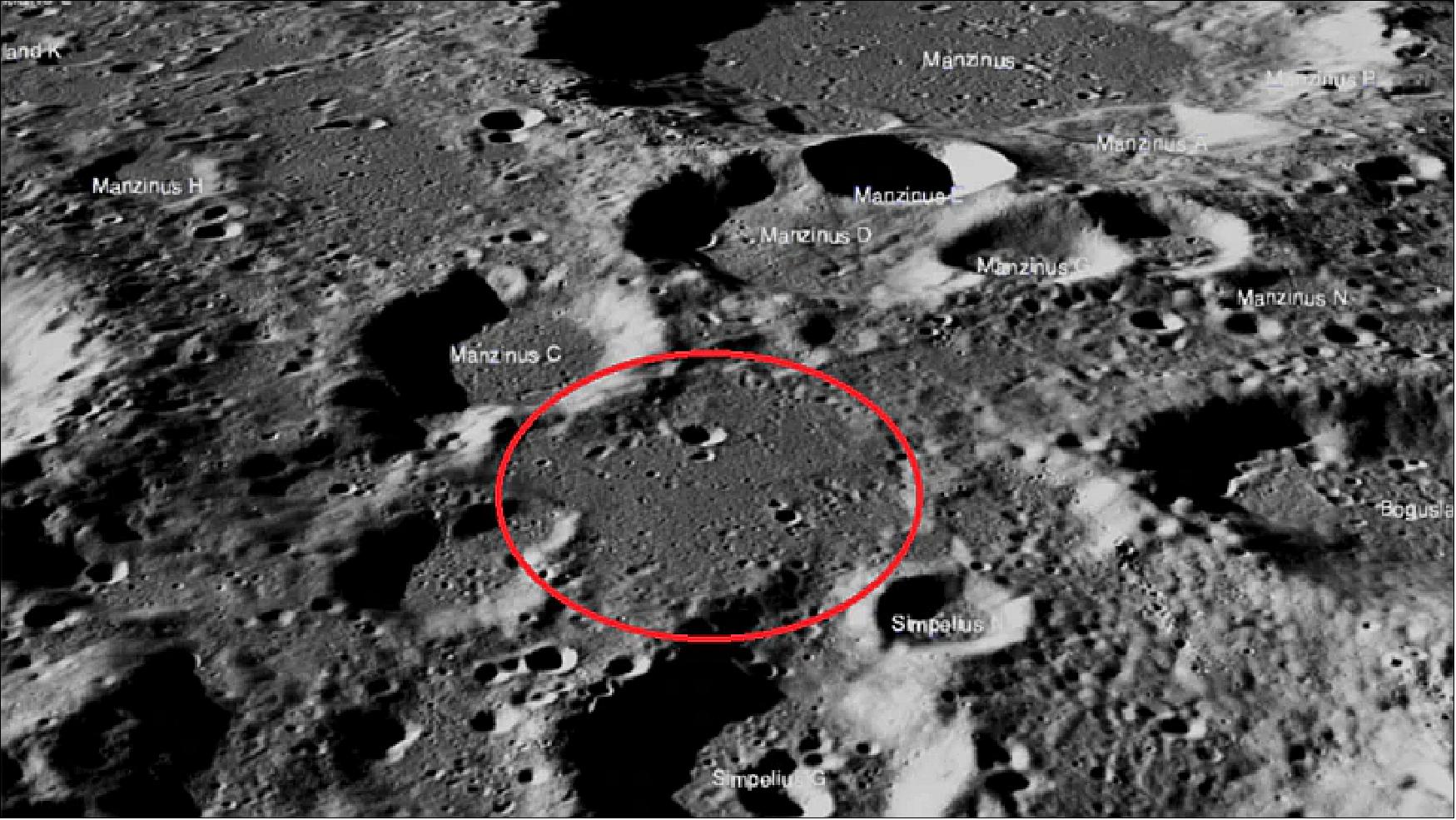 Figure 18: The Chandrayaan-2 Vikram module had attempted a soft landing on a small patch of lunar highland smooth plains between Simpelius N and Manzinus C craters before losing communication with ISRO on 7 September 2019. Vikram had a hard landing and the precise location of the spacecraft in the lunar highlands has yet to be determined, according to NASA (image credit: NASA)