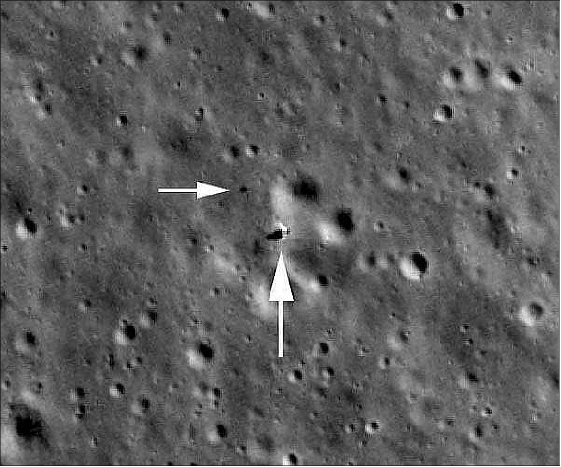 Figure 24: Looking down on the Chang'e 4 landing site; the lander is just beyond the tip of the large arrow, rover at tip of small arrow. The image is 850 x 850 m (image credit: NASA LROC (Lunar Reconnaissance Orbiter Camera) M1303619844LR)