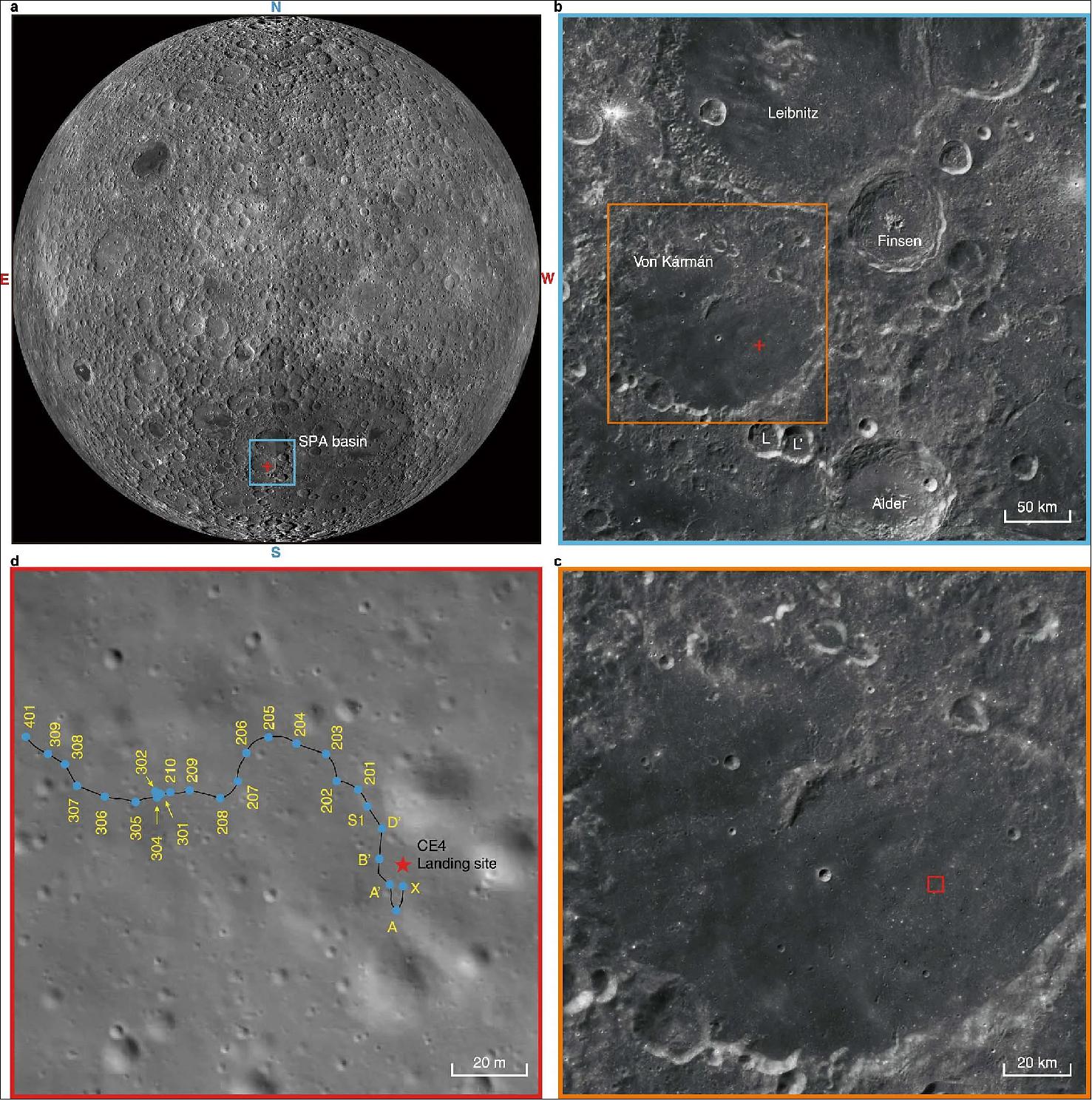 Figure 14: The location of Chang’E-4 landing site and the track of the Yutu-2 rover. a: The farside of the Moon; b: Local details in the rectangle in a; c: Local details in the rectangle in b; d: Local details in the rectangle in c. a was obtained by the Lunar Resonant Orbiter (http://lroc.sese. asu.edu/posts/298); b and c are obtained by Chang’E-2 (http://moon.bao.ac.cn); d is obtained by the descending camera under the Chang’E-4 lander. (image credit: Nature, Chang'E4 Team) 28)