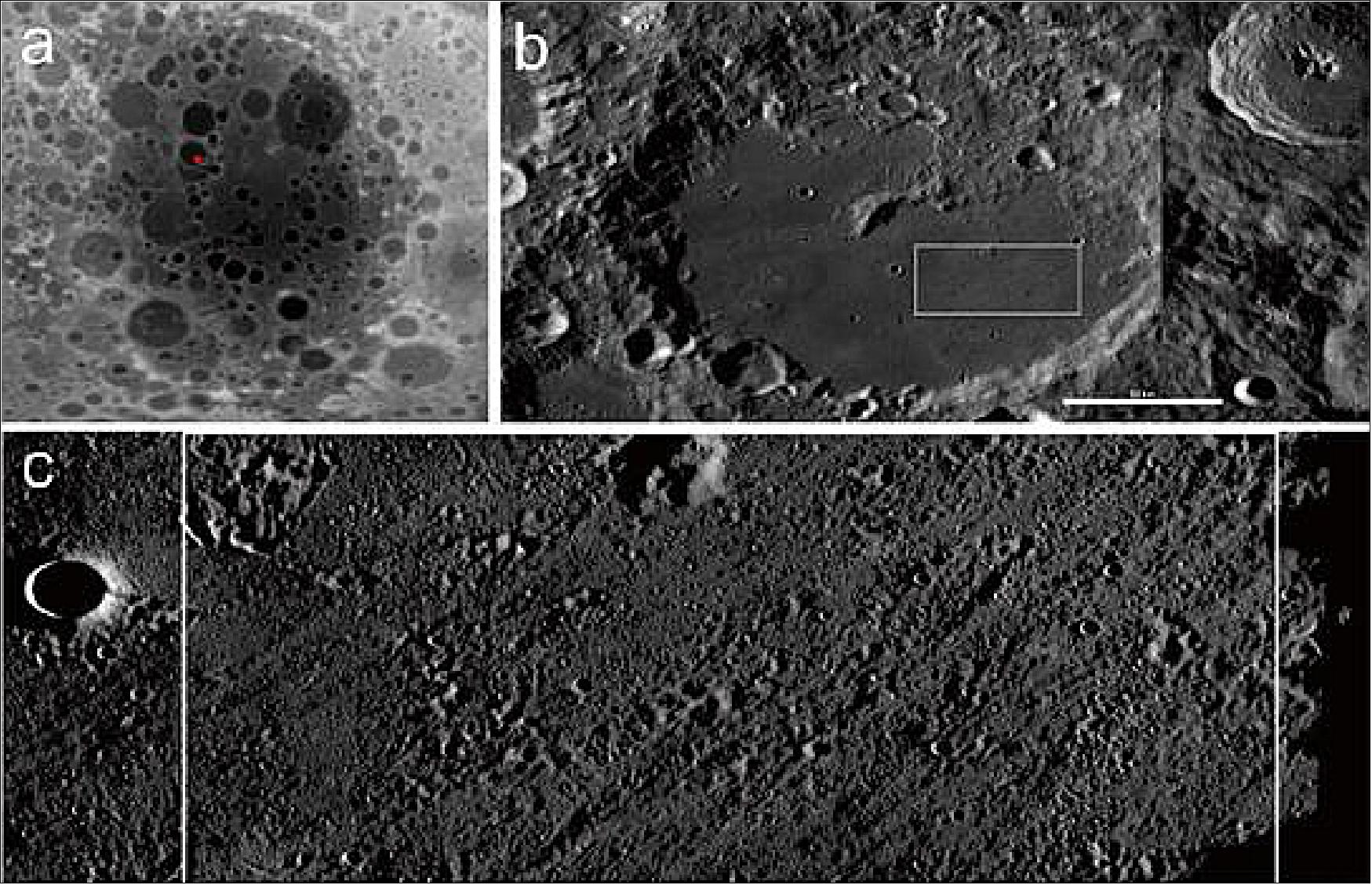 Figure 9: a) The red star indicates the candidate landing region within the Von Kármán crater in SPA basin (Background = LOLA topography). b) Context of candidate landing region in the southern portion of Von Kármán crater floor (LROC WAC mosaic). c) TC morning mosaic of the landing region shown in b; a large number of secondary craters can be observed (image credit: Chang'e-4 landing site team)