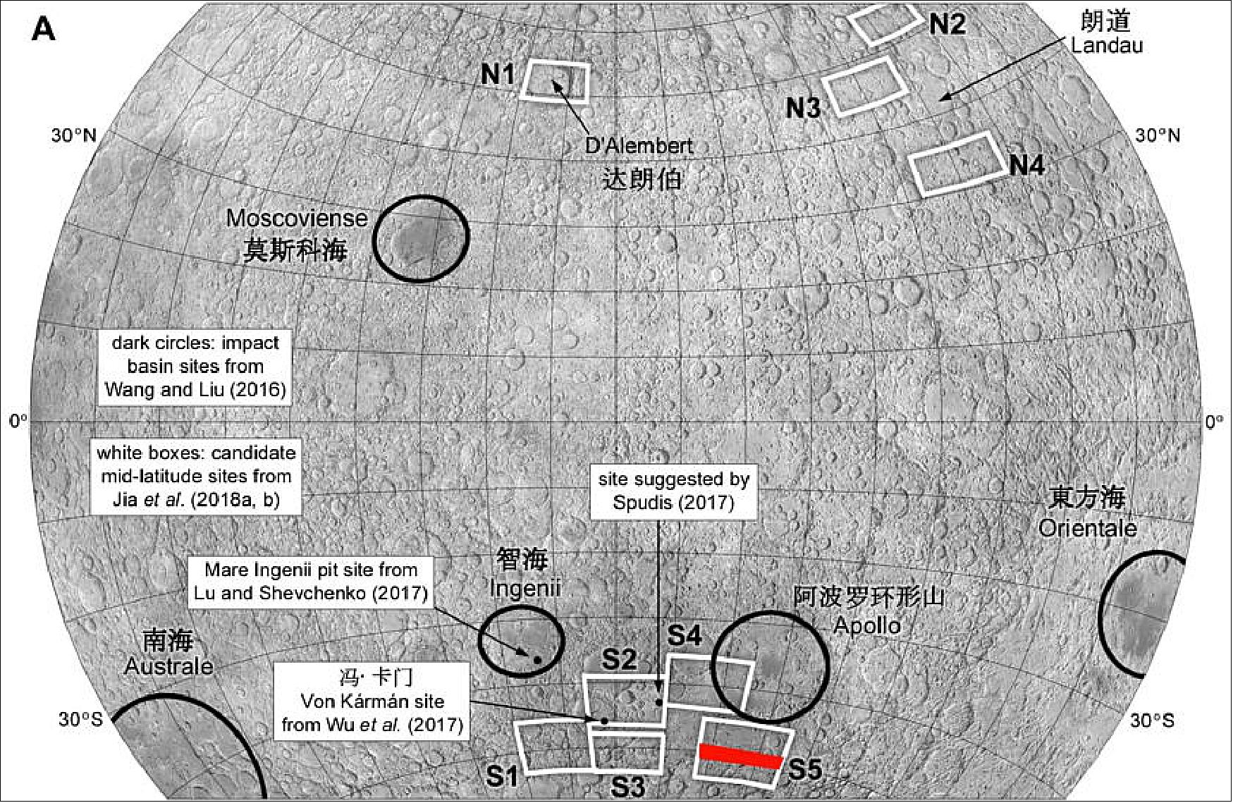 Figure 8: A map of the lunar far side showing known candidate landing areas for Chang’e-4. The red strip represents the most likely region as of August 2018 (image credit: Phil Stooke)