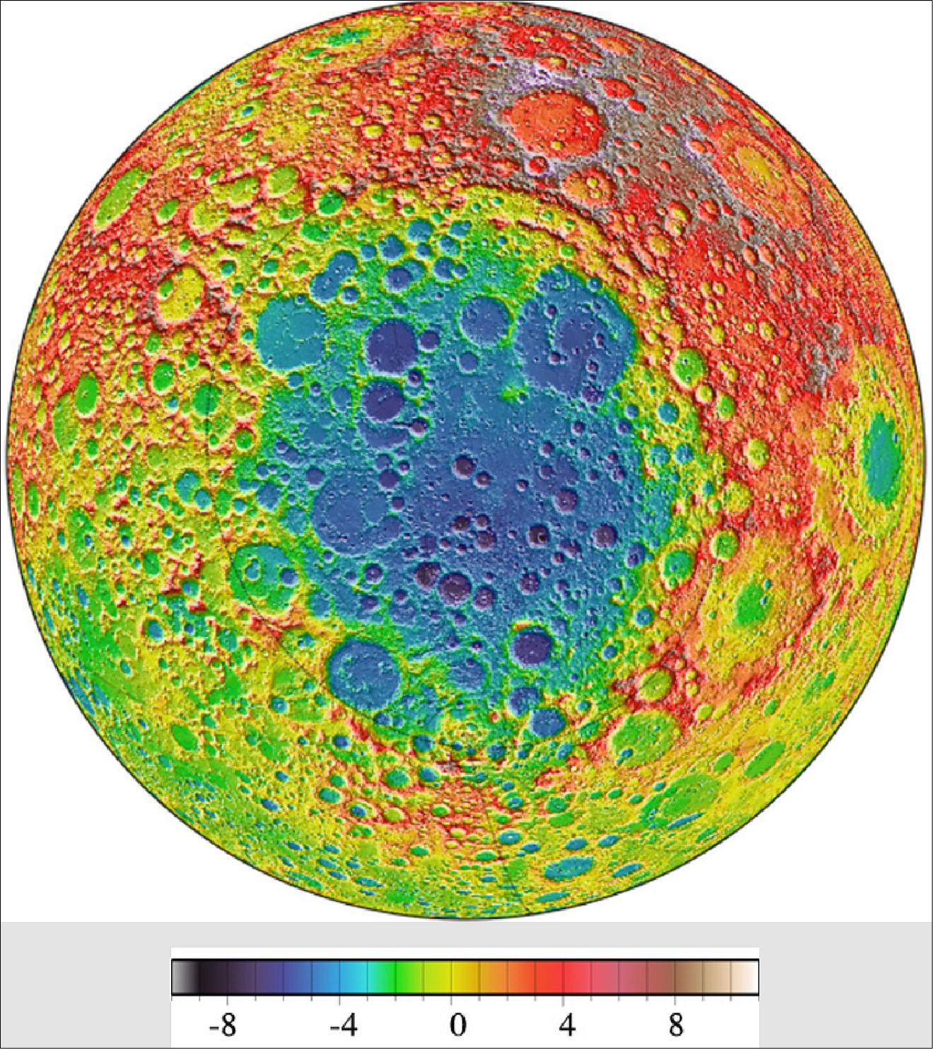 Figure 1: Elevation diagram of the South-Pole Aitken Basin (scale in km). This LOLA (Lunar Orbiter Laser Altimeter) image on NASA's LRO (Lunar Reconnaissance Orbiter) mission centers on the SPA (South Pole-Aitken) basin, the largest impact basin on the Moon (diameter = 2600 km), and one of the largest impact basins in the Solar System. The distance from its depths to the tops of the highest surrounding peaks is over 15 km, almost twice the height of Mount Everest on Earth. SPA is interesting for a number of reasons. To begin with, large impact events can remove surficial materials from local areas and bring material from beneath the impact craters to, or closer to, the surface. The larger the crater, the deeper the material that can be exposed. As SPA is the deepest impact basin on the Moon, more than 8 km deep, the deepest lunar crustal materials should be exposed here. In fact, the Moon's lower crust may be revealed in areas within SPA: something not found anywhere else on the Moon (image credit: NASA/GSFC)