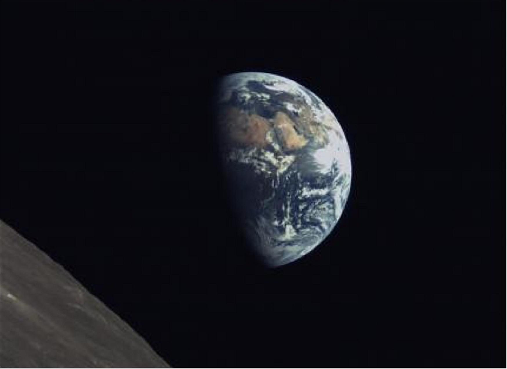 Figure 55: The Earth and Moon imaged on June 8 by the KACST-developed camera on China's Longjiang-2 microsatellite. The image shows Saudi Arabia on the distant Earth, as well as the northern hemisphere of the lunar far side, near the Petropavlovskiy crater (image credit: CNSA/CLEP/KACST)